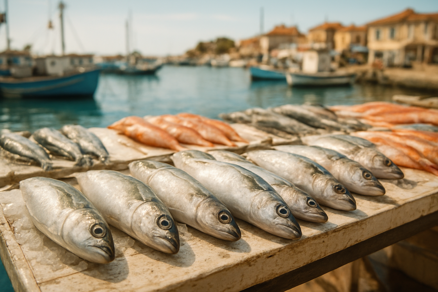夏の港に並ぶ新鮮な魚のイメージ写真