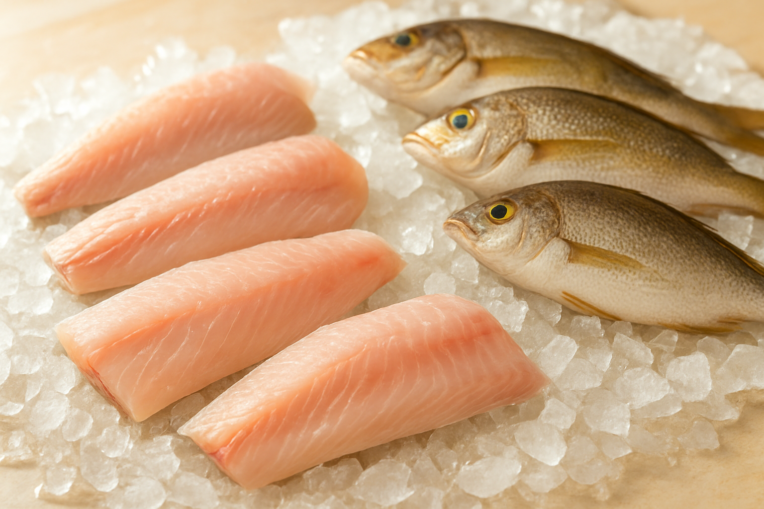 氷の上に並ぶアジやイサキなど夏の魚の切り身