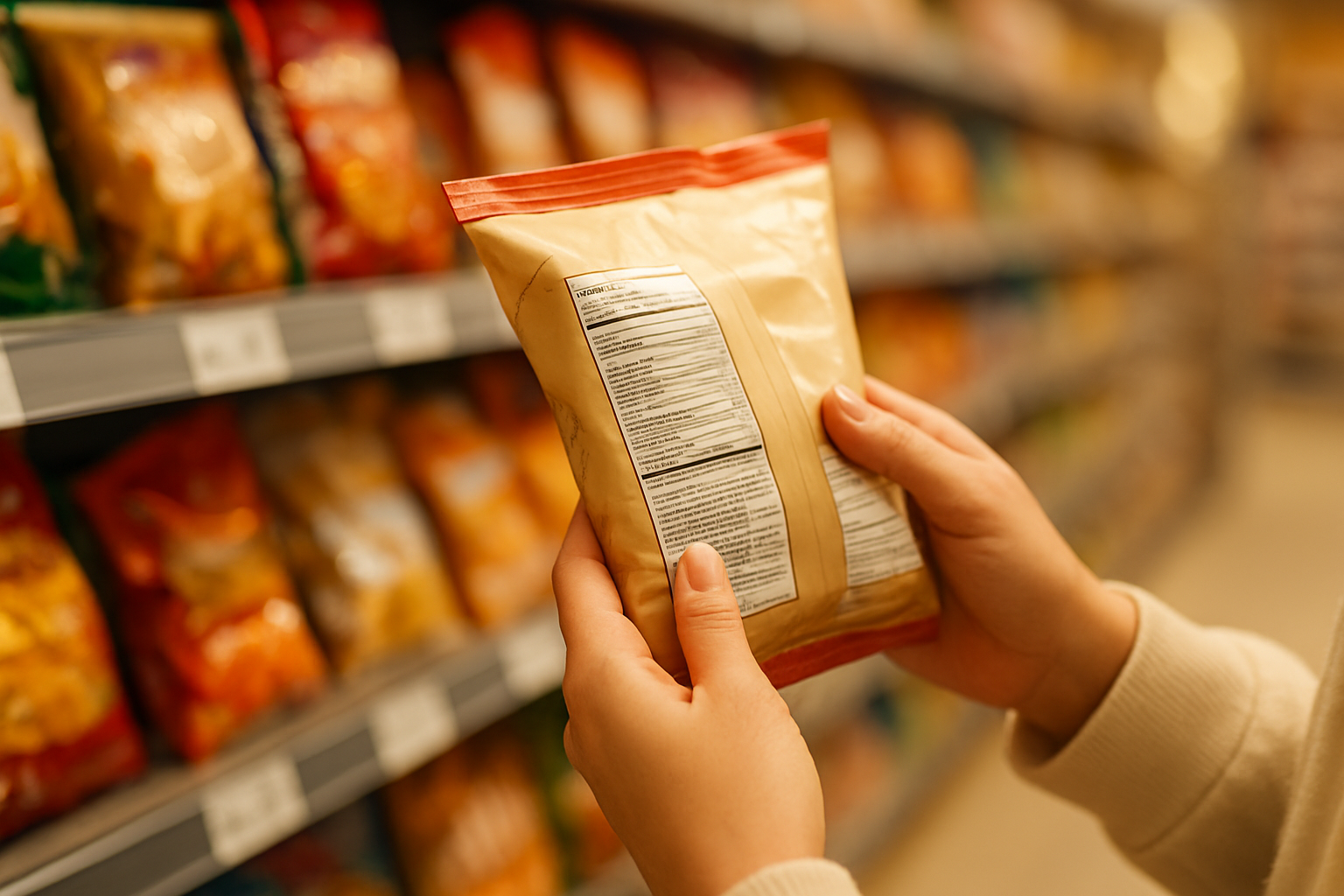 スーパーのお菓子売り場でパッケージの原材料表示を確認している手元