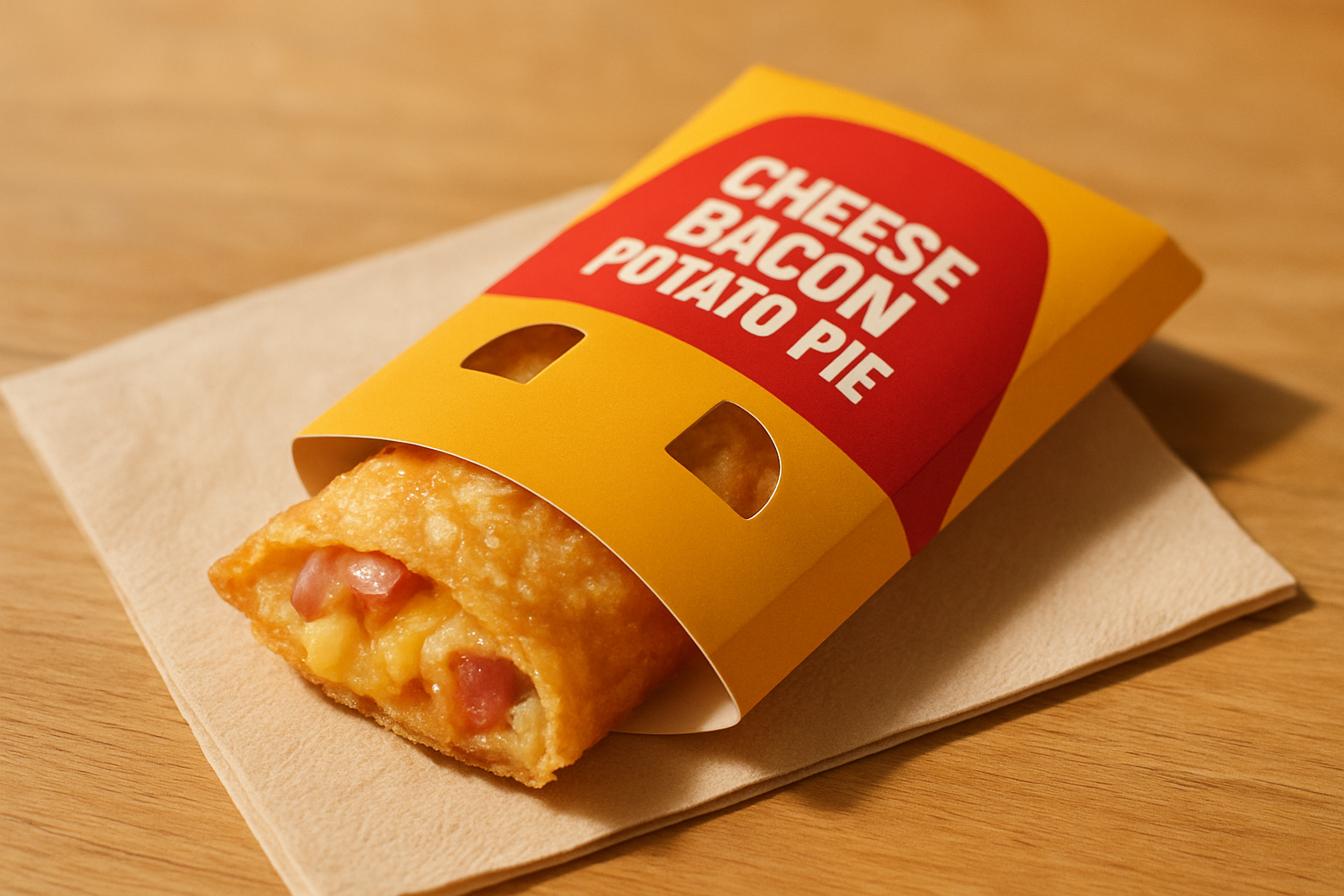 マクドナルドの紙パッケージに入ったチーズベーコンポテトパイのイメージ写真
