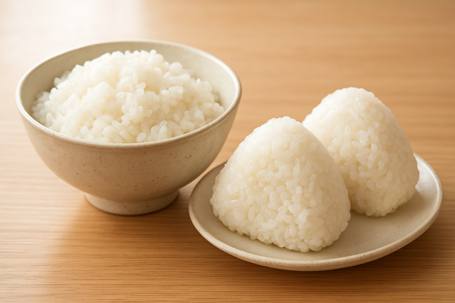 茶碗によそったご飯とおにぎりを並べた分量イメージ