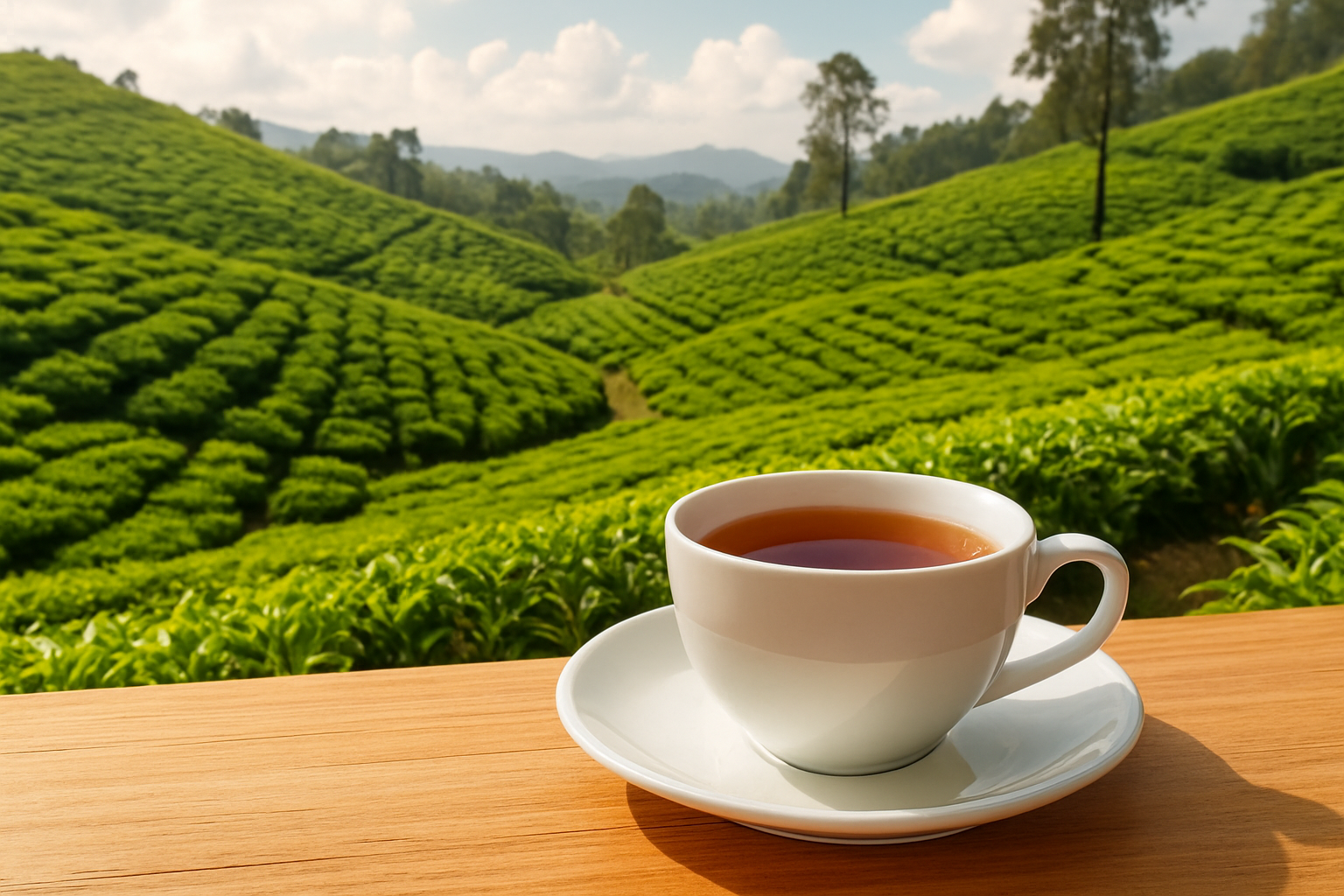 南インドの茶畑と紅茶カップをイメージした明るい写真風ビジュアル