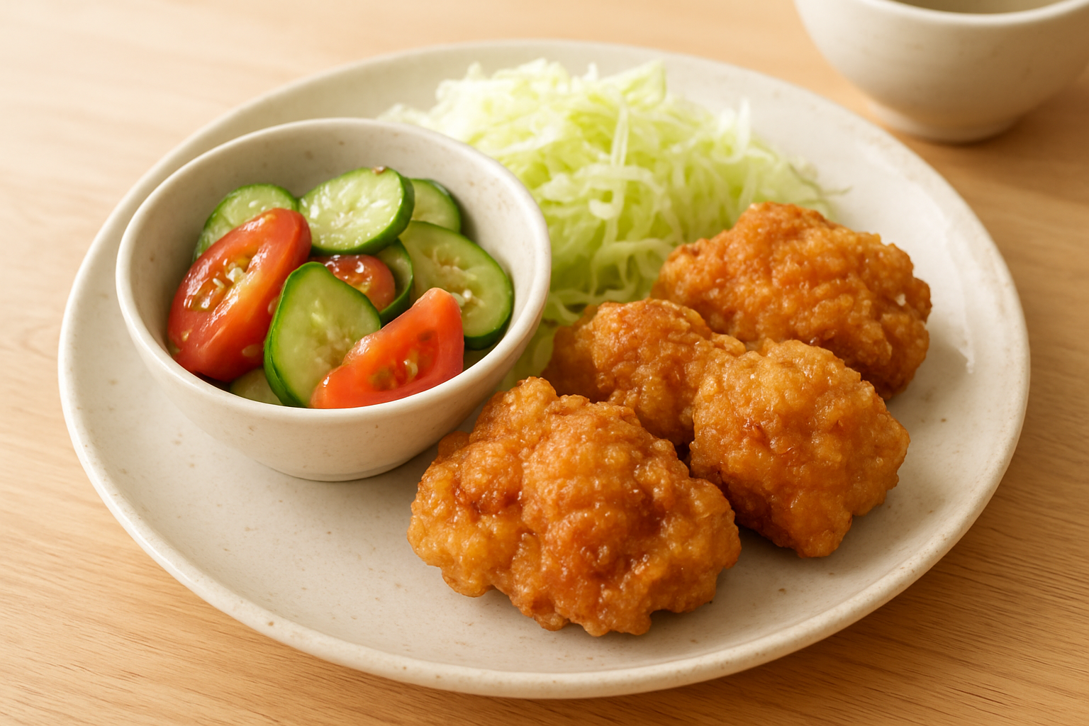 唐揚げの横に添えたさっぱり系の副菜のイメージ