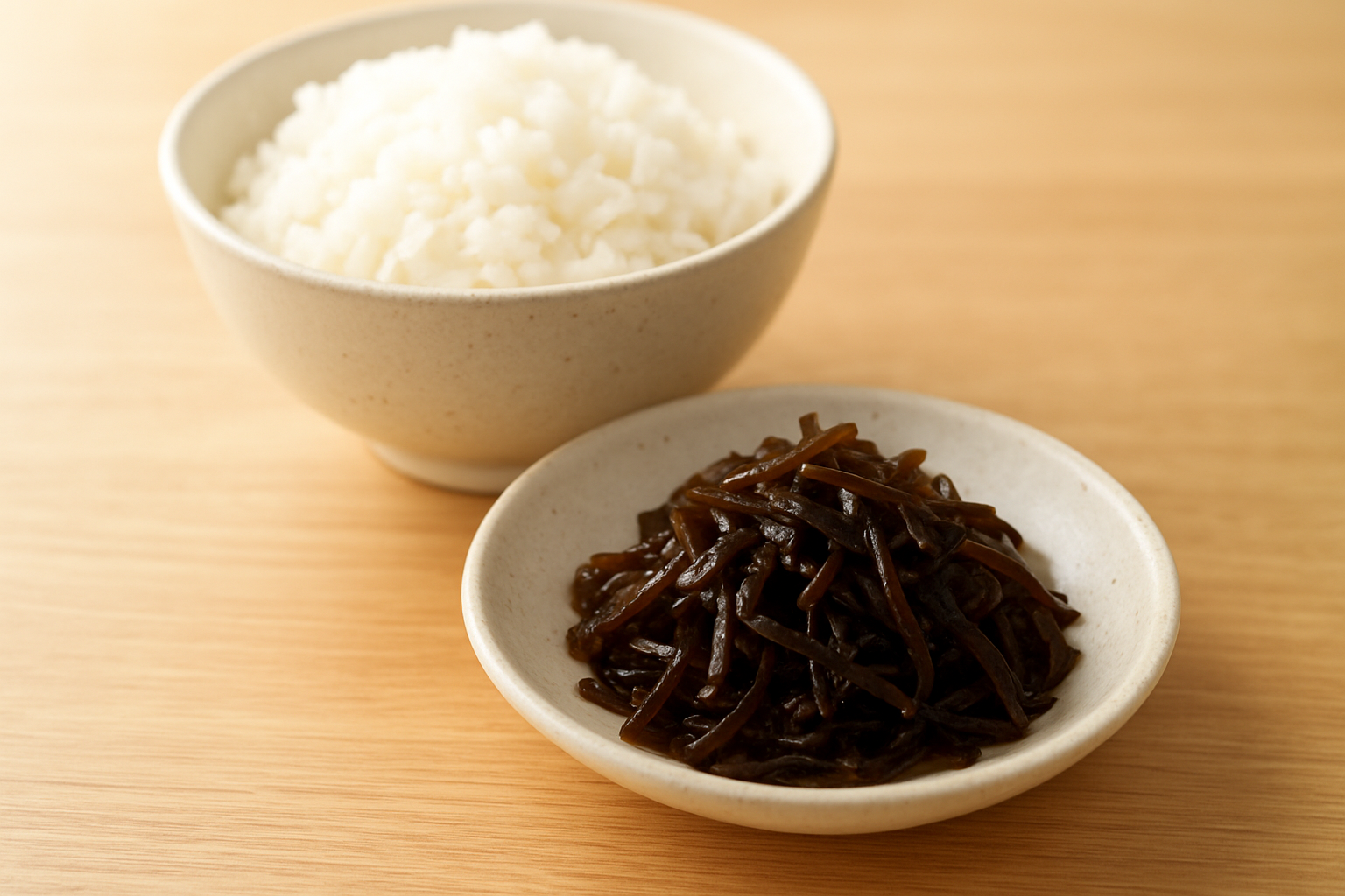 小鉢に盛った昆布の佃煮と白いご飯の写真
