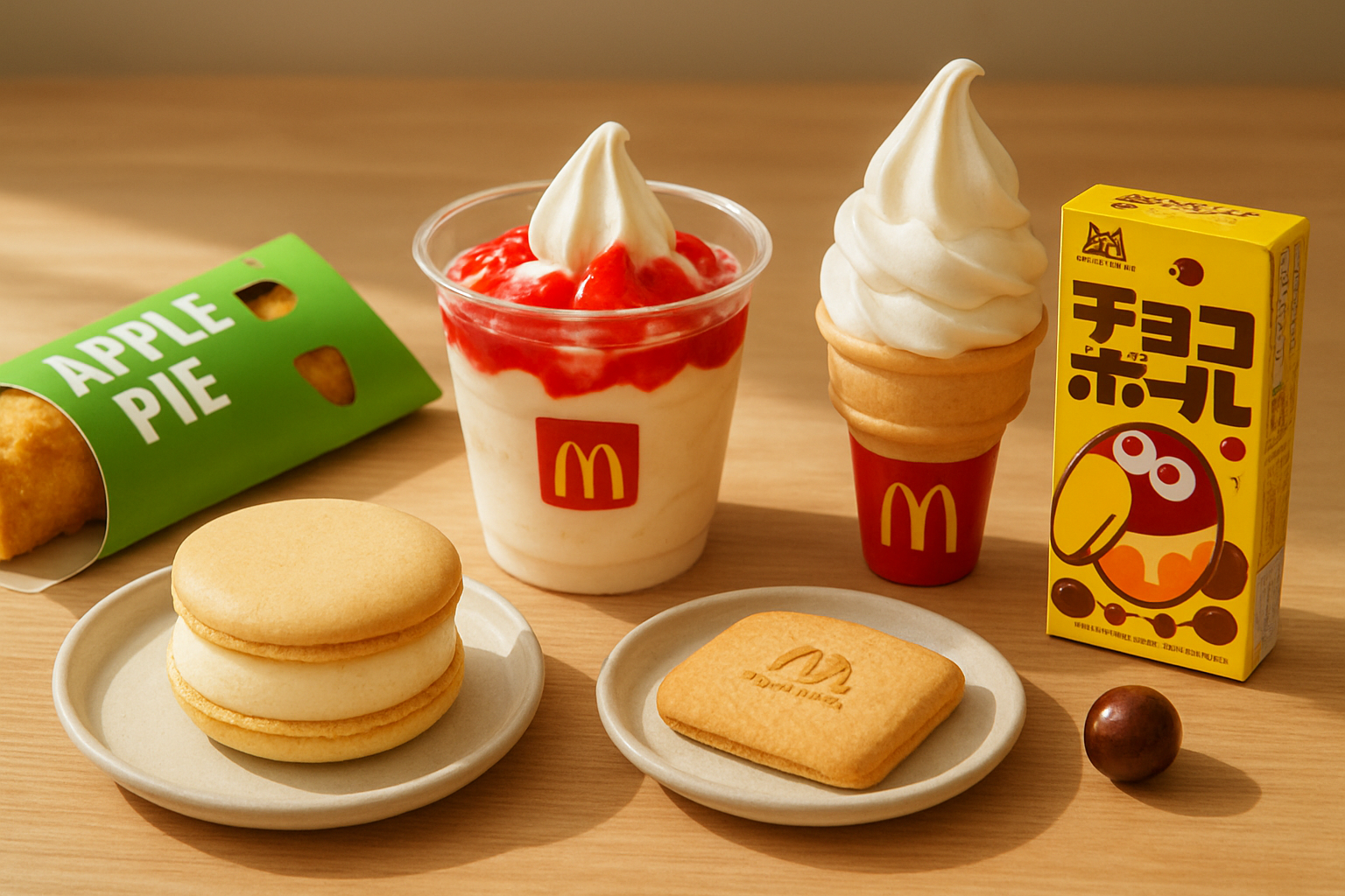 マクドナルドのスイーツと森永のお菓子が並んだイメージ