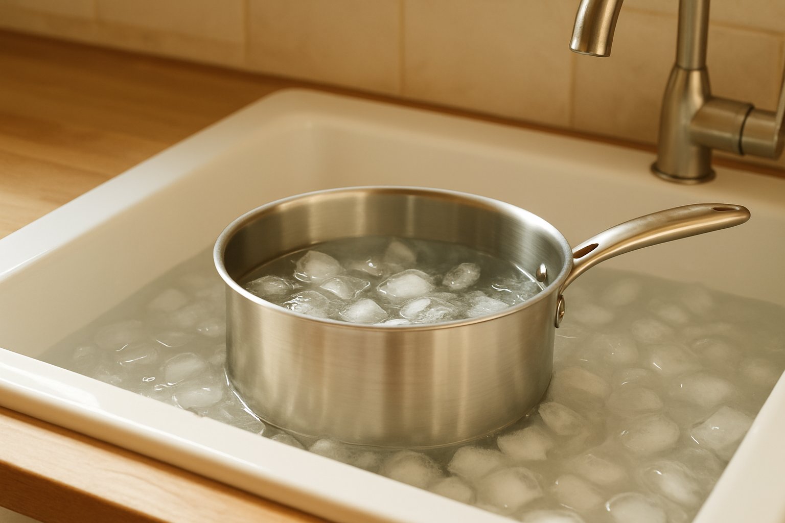 氷水を張ったシンクで鍋を冷やしているイメージ