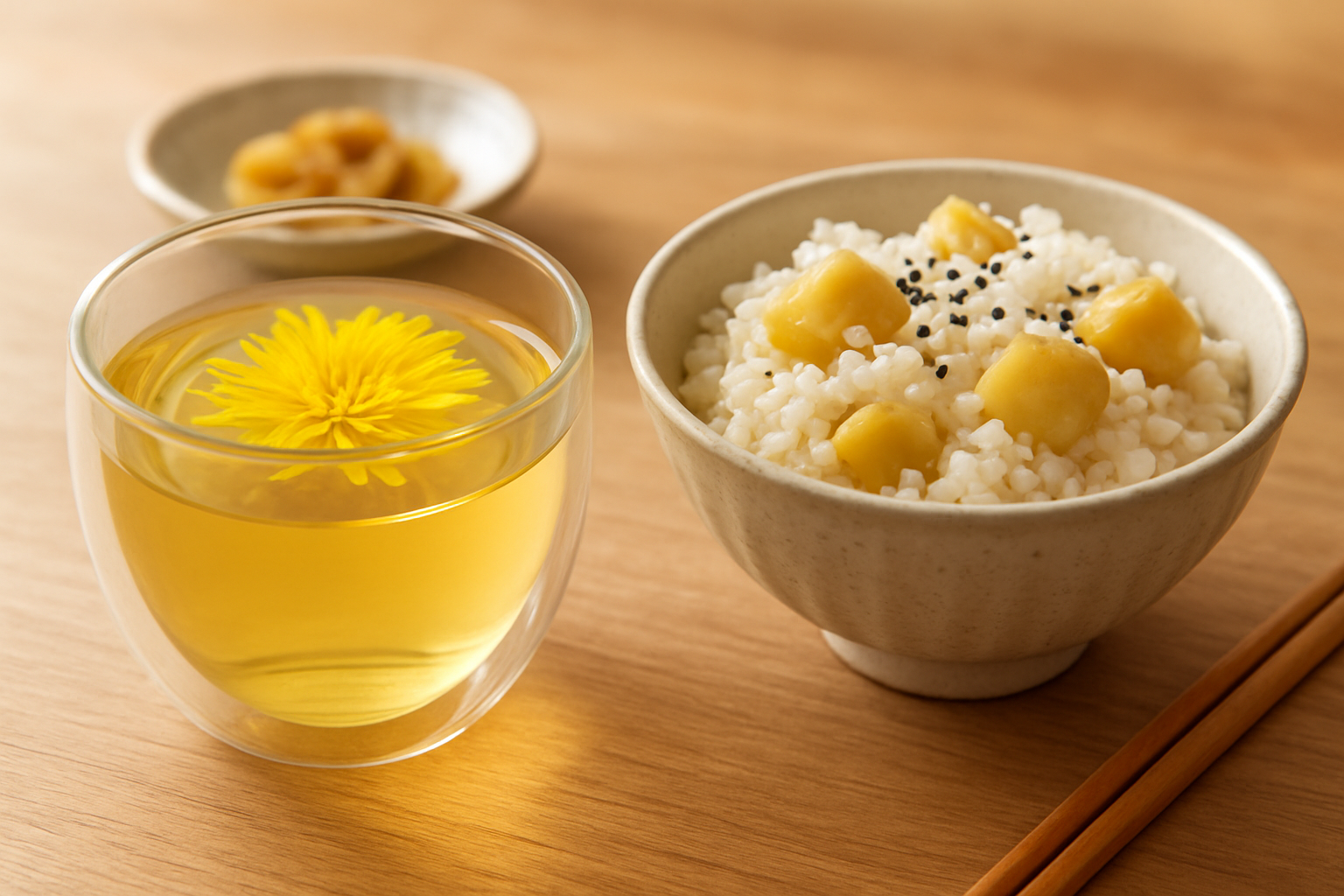 菊の花を浮かべた菊酒と栗ごはんのイメージ写真