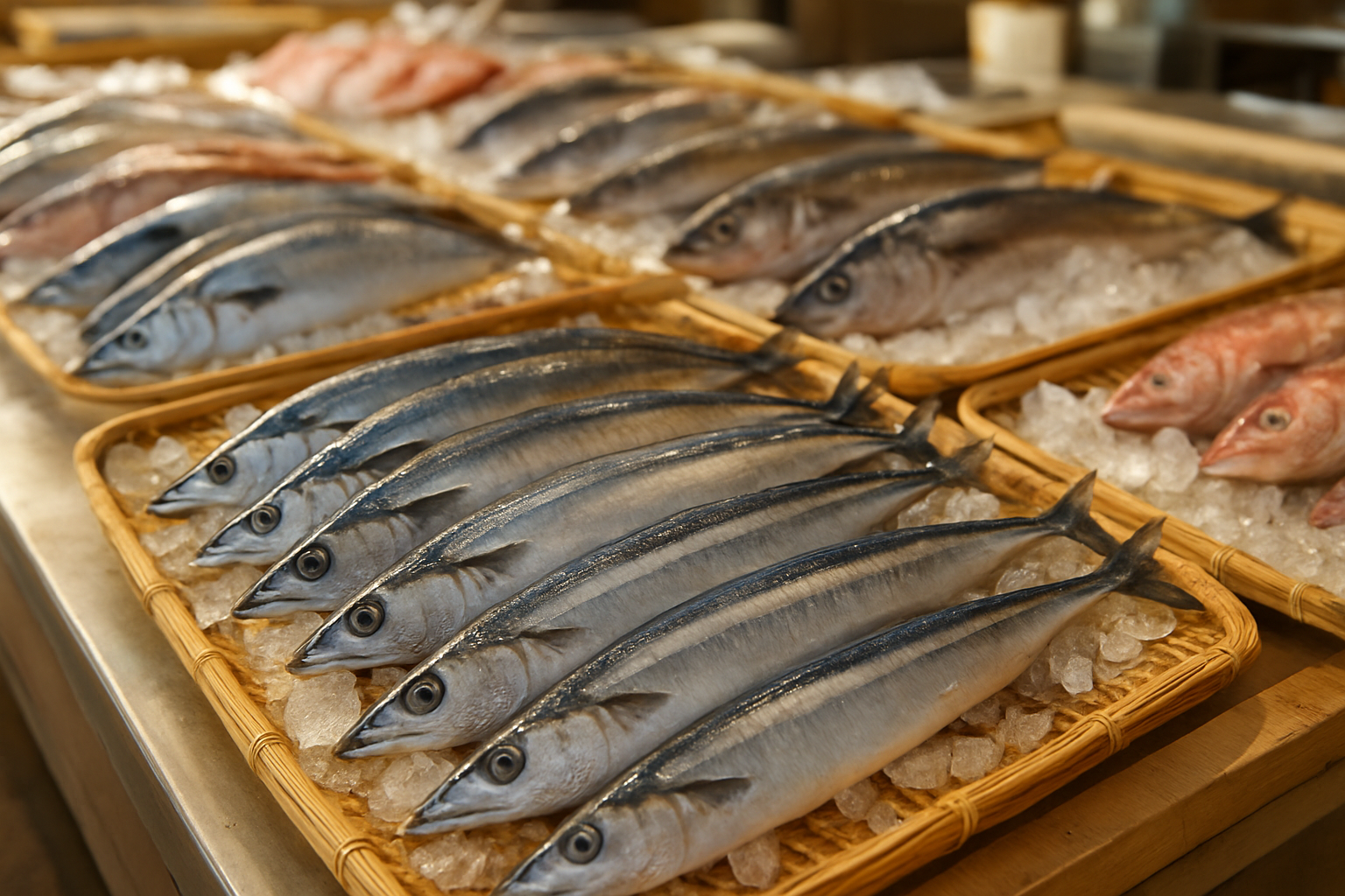 秋の鮮魚売り場にサンマや戻りガツオが並ぶイメージ