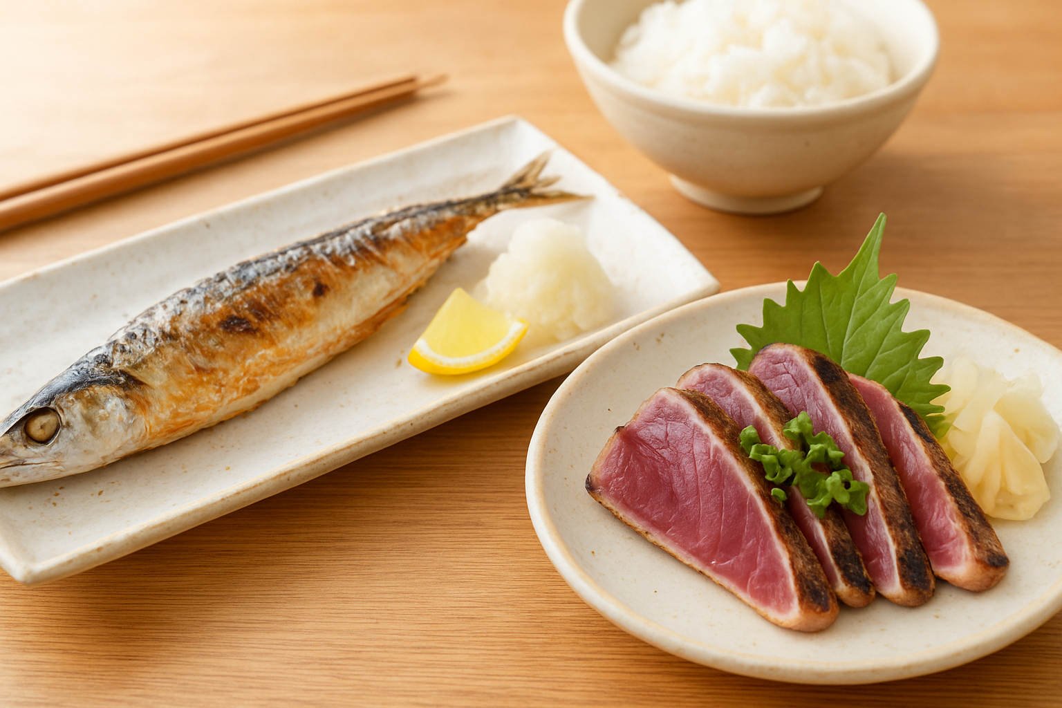 脂ののったサンマの塩焼きと戻りガツオのたたき