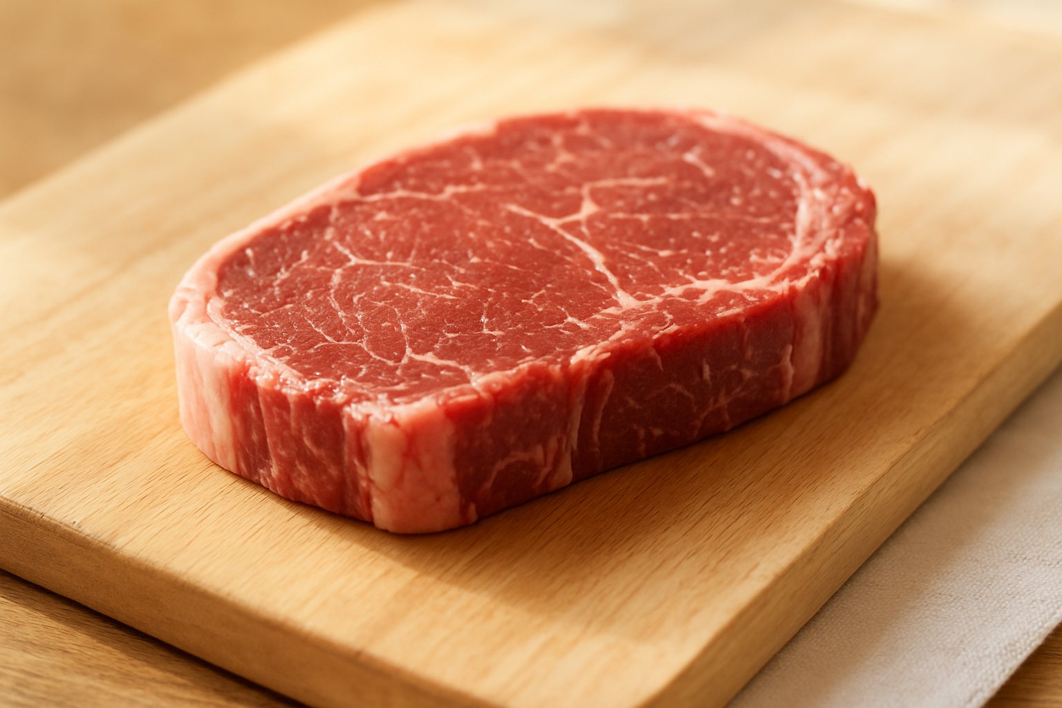 まな板の上に置かれた厚さ1cmほどのステーキ肉の写真