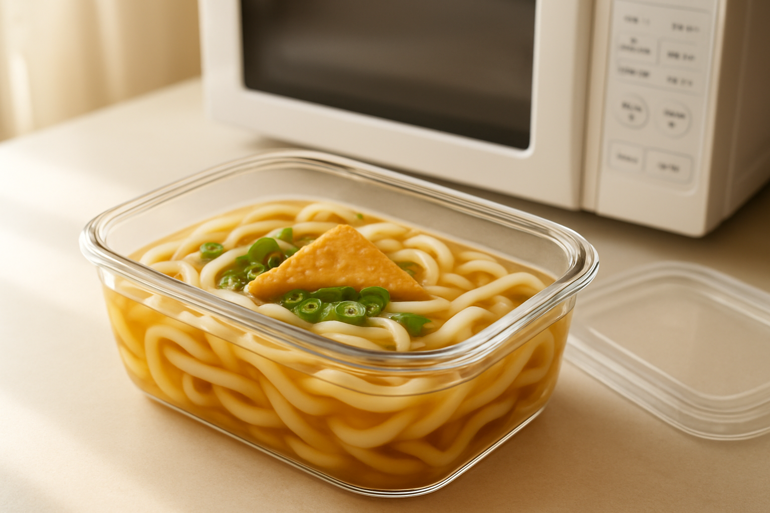 耐熱容器に入ったうどんと電子レンジの明るいイメージ写真