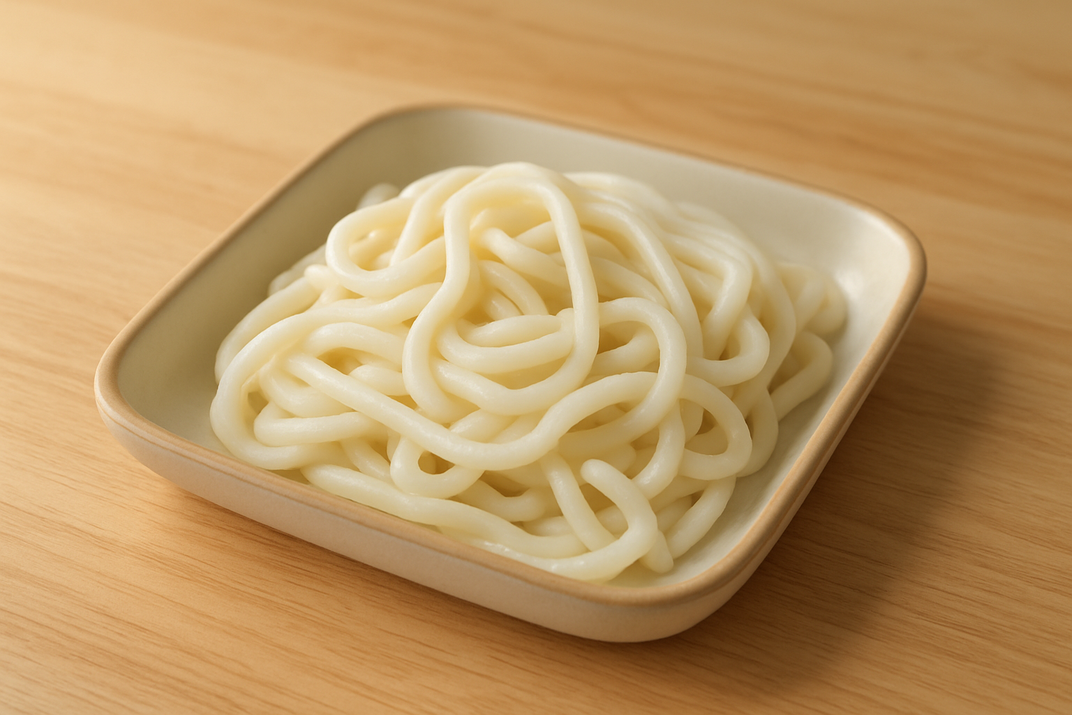 冷凍うどん1玉を耐熱皿にのせたシンプルな写真