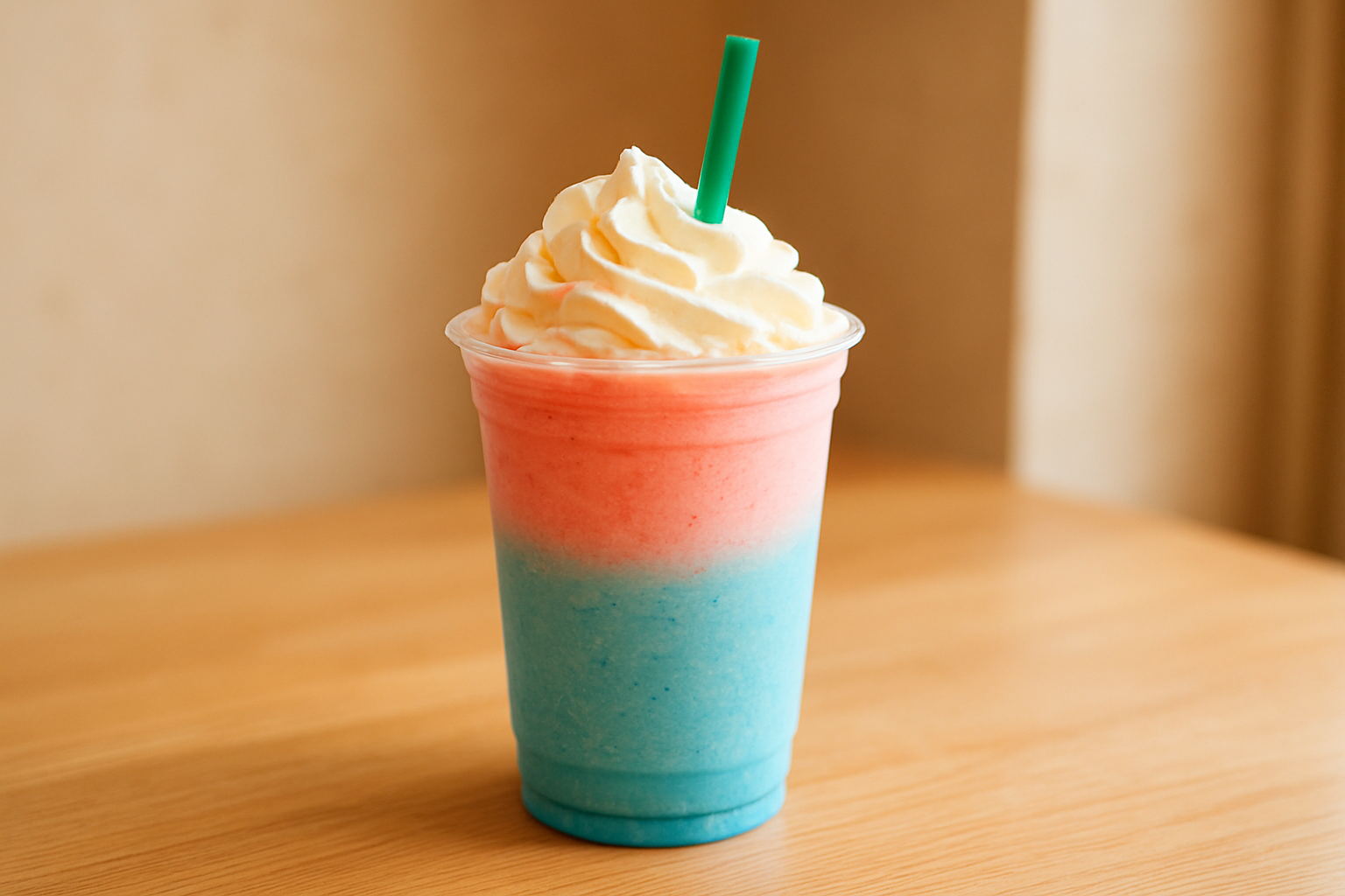 ピンクと青が層になったカラフルなフラペチーノのイメージ
