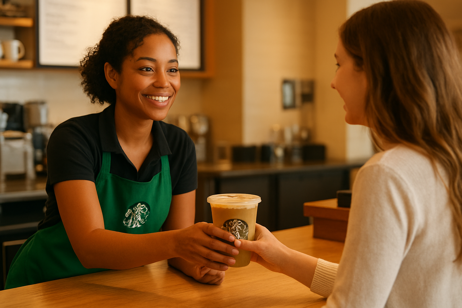 スターバックスの店内カウンターとドリンクを受け取る様子のイメージ