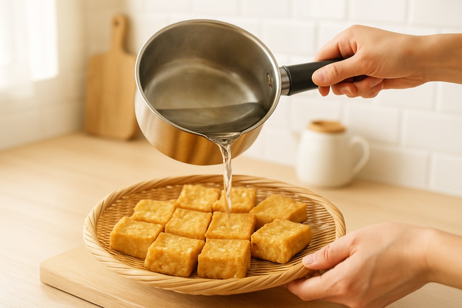 明るいキッチンで、ざるに並べた油揚げに片手鍋から熱湯を回しかけている手元のライフスタイル写真