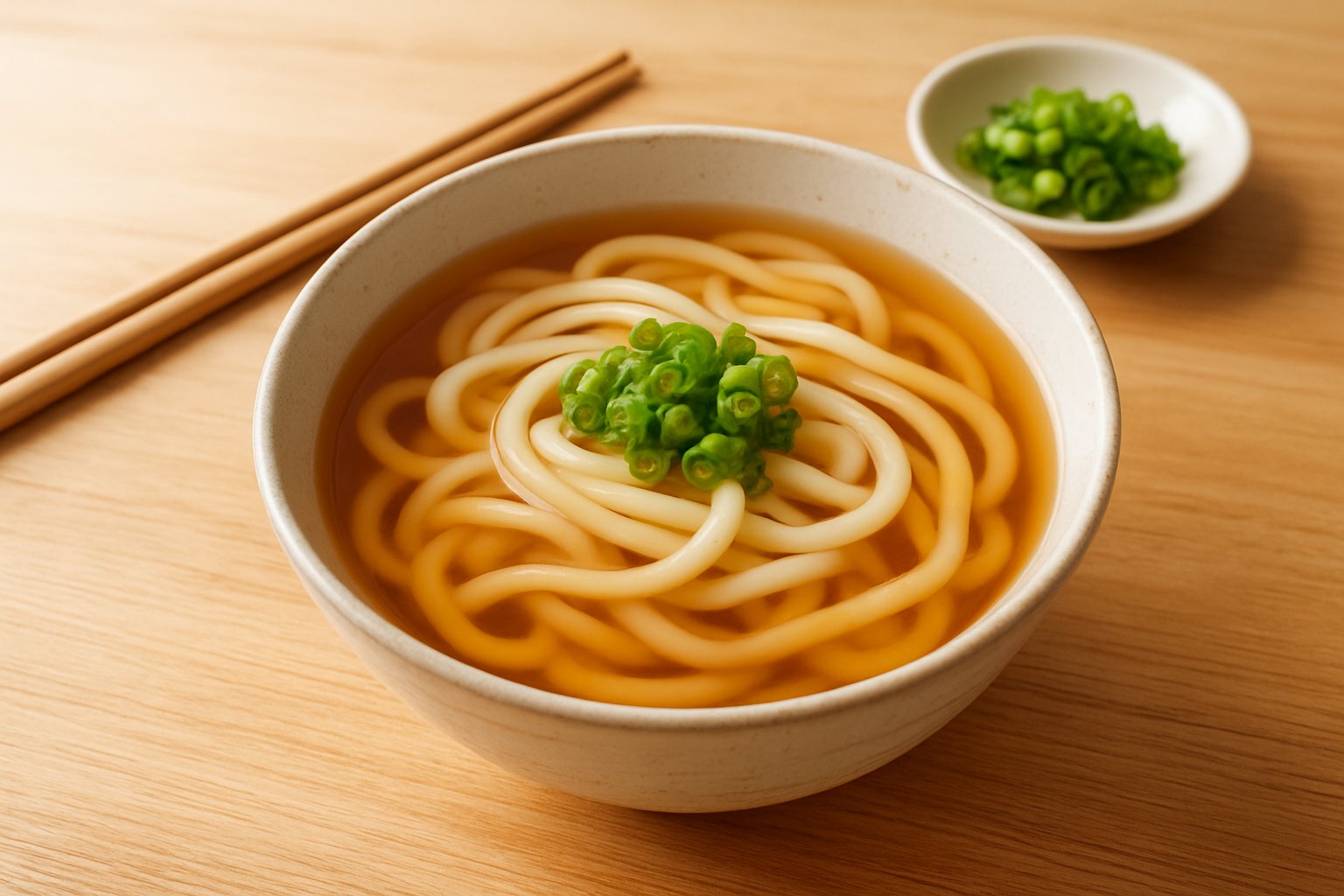 澄んだあごだしのつゆに入ったうどんを、明るい木のテーブルで撮ったライフスタイル感のあるイメージ写真