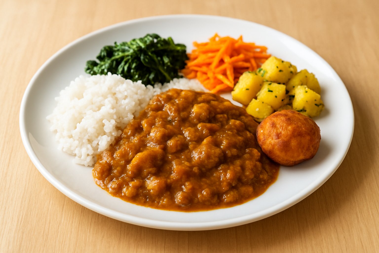 カレーと数種類の副菜を1枚の大皿に盛りつけたワンプレートの写真