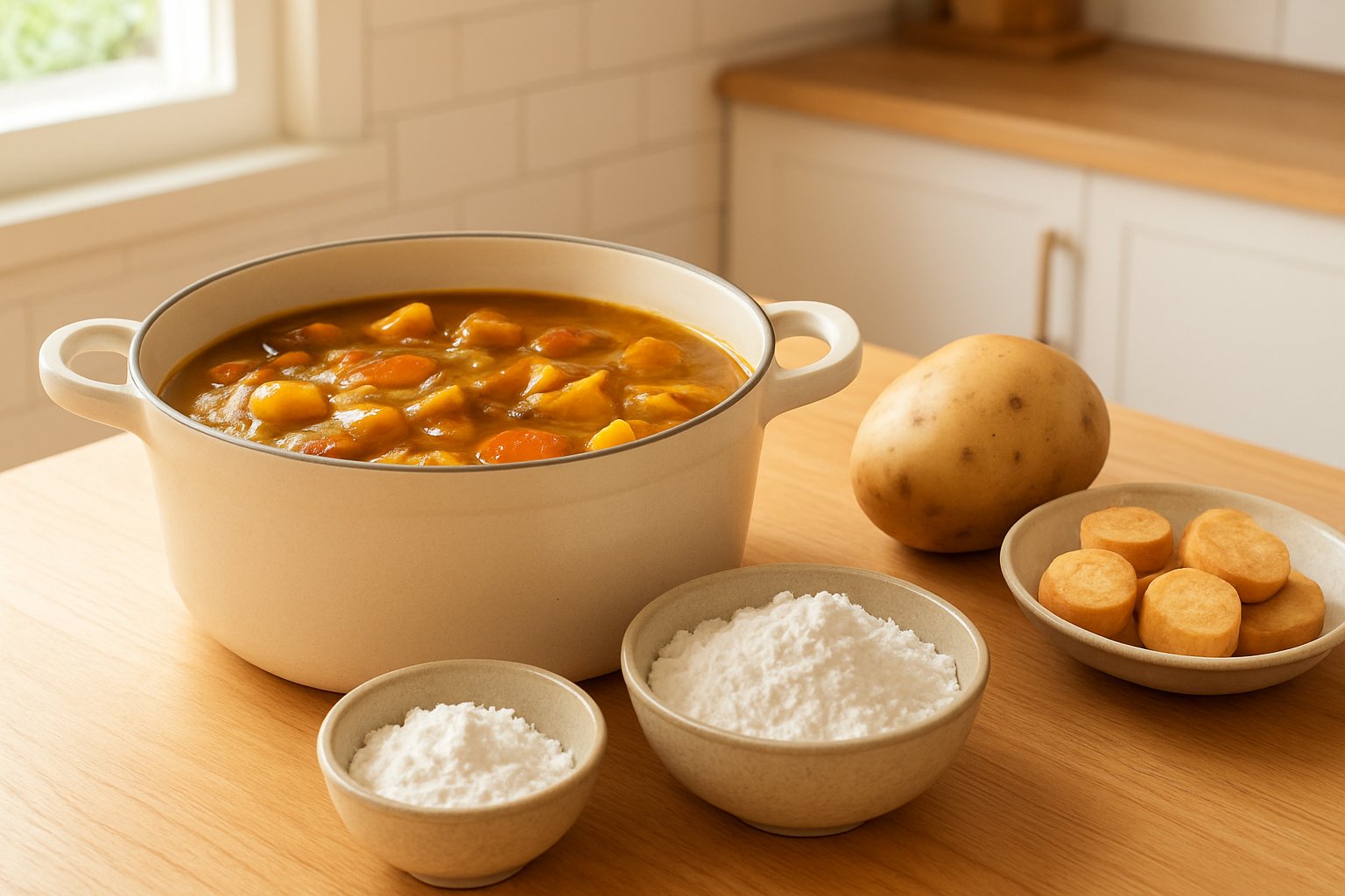 カレー鍋のそばに片栗粉・小麦粉・じゃがいも・お麩を並べた、明るいキッチンの写真