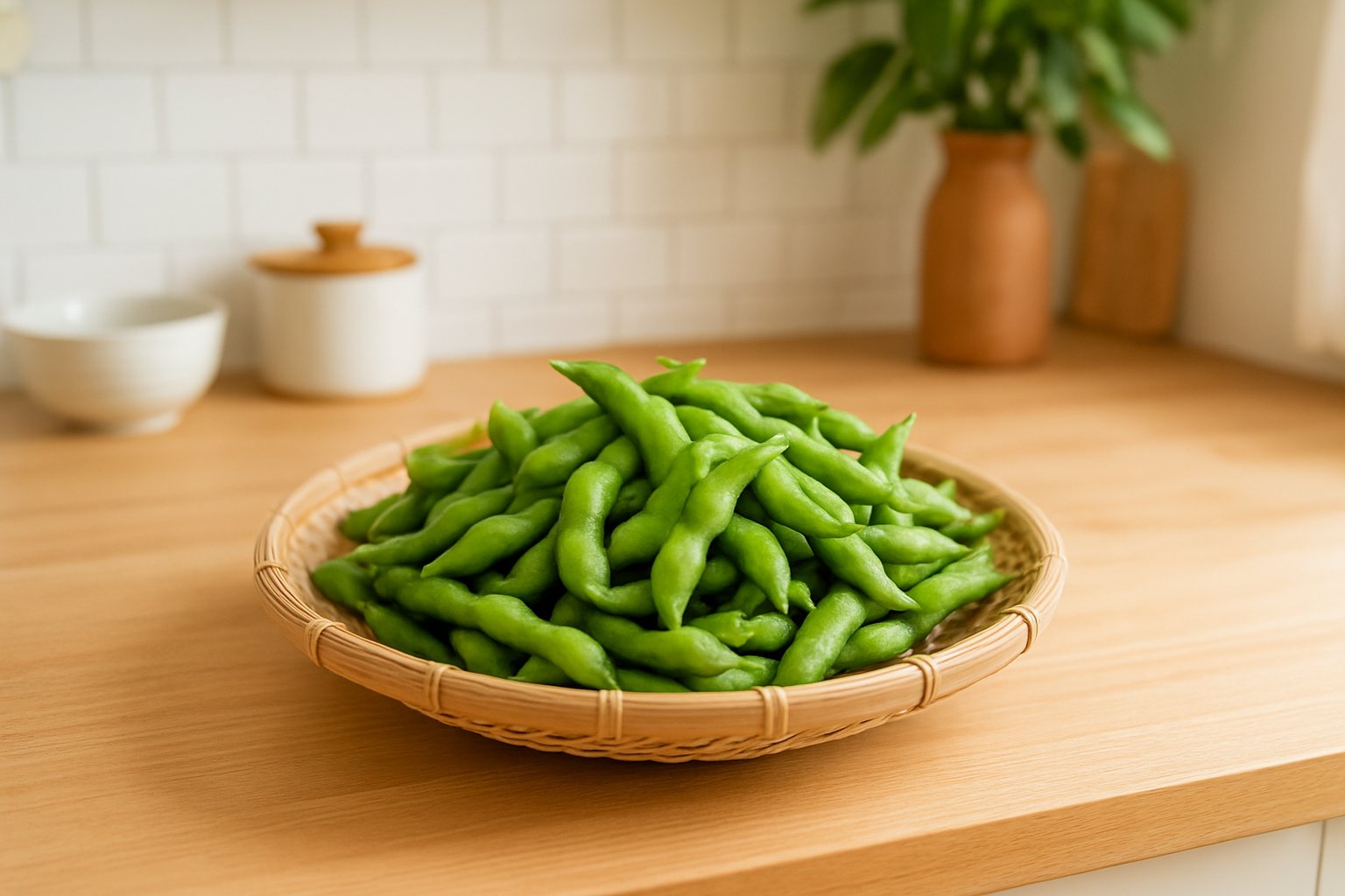 ざるに広げた枝豆を明るいキッチンで撮ったライフスタイル風の写真