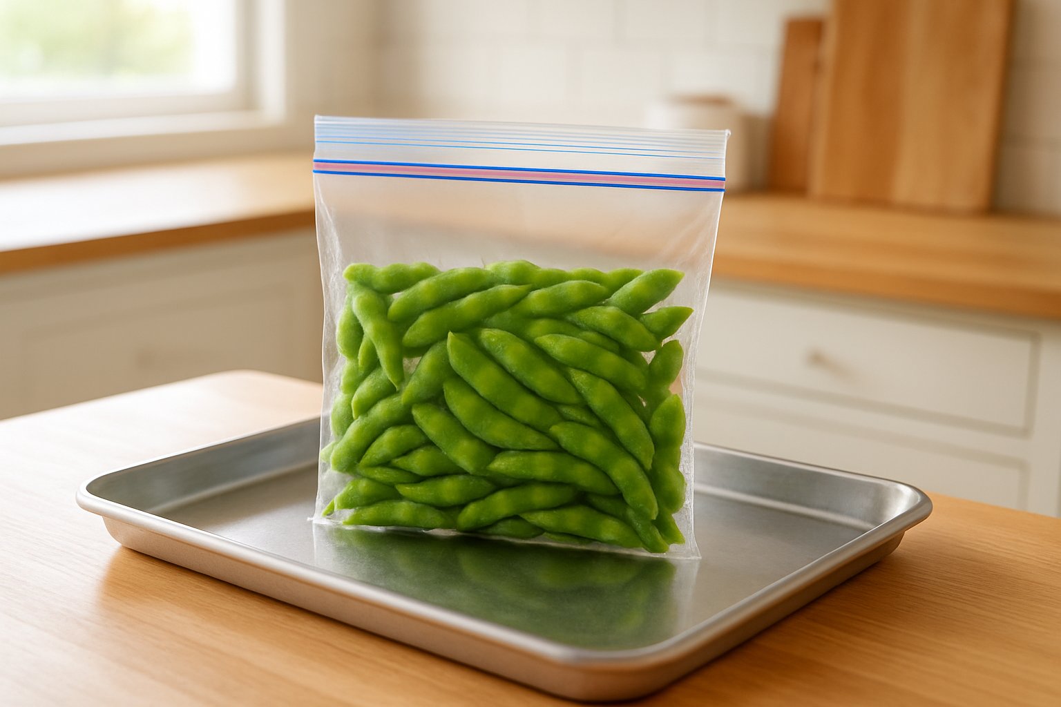 冷凍用保存袋に枝豆を平らに並べ、金属バットにのせた様子を明るいキッチンで撮った写真