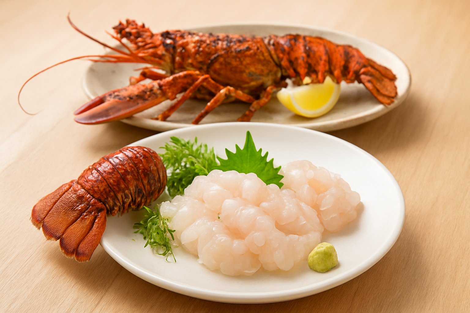 伊勢エビの刺身とロブスターのグリル料理のイメージ
