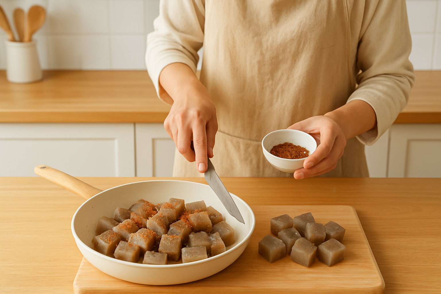 冷凍して解凍したこんにゃくを一口大に切り、下味をつけて調理する様子の明るいキッチン写真