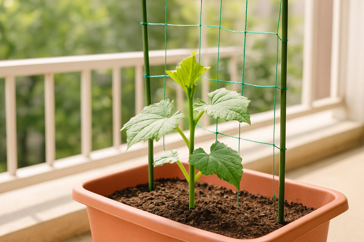 ベランダのプランターに植え付けたばかりのきゅうりの苗と支柱を、明るい自然光で撮ったライフスタイル写真
