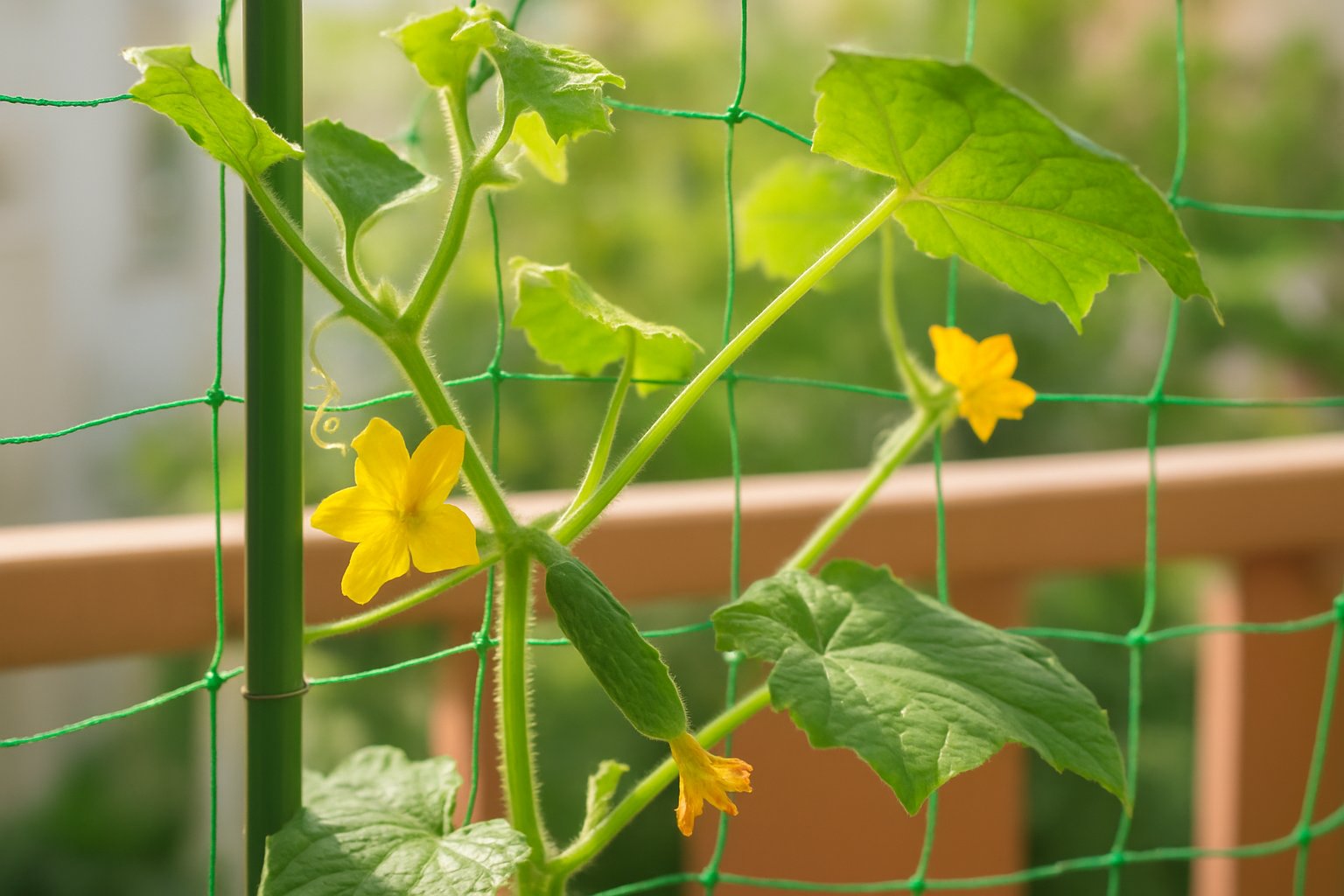 支柱とネットに絡んだきゅうりのつると、黄色い花・小さな実が見えるベランダ菜園の明るい写真
