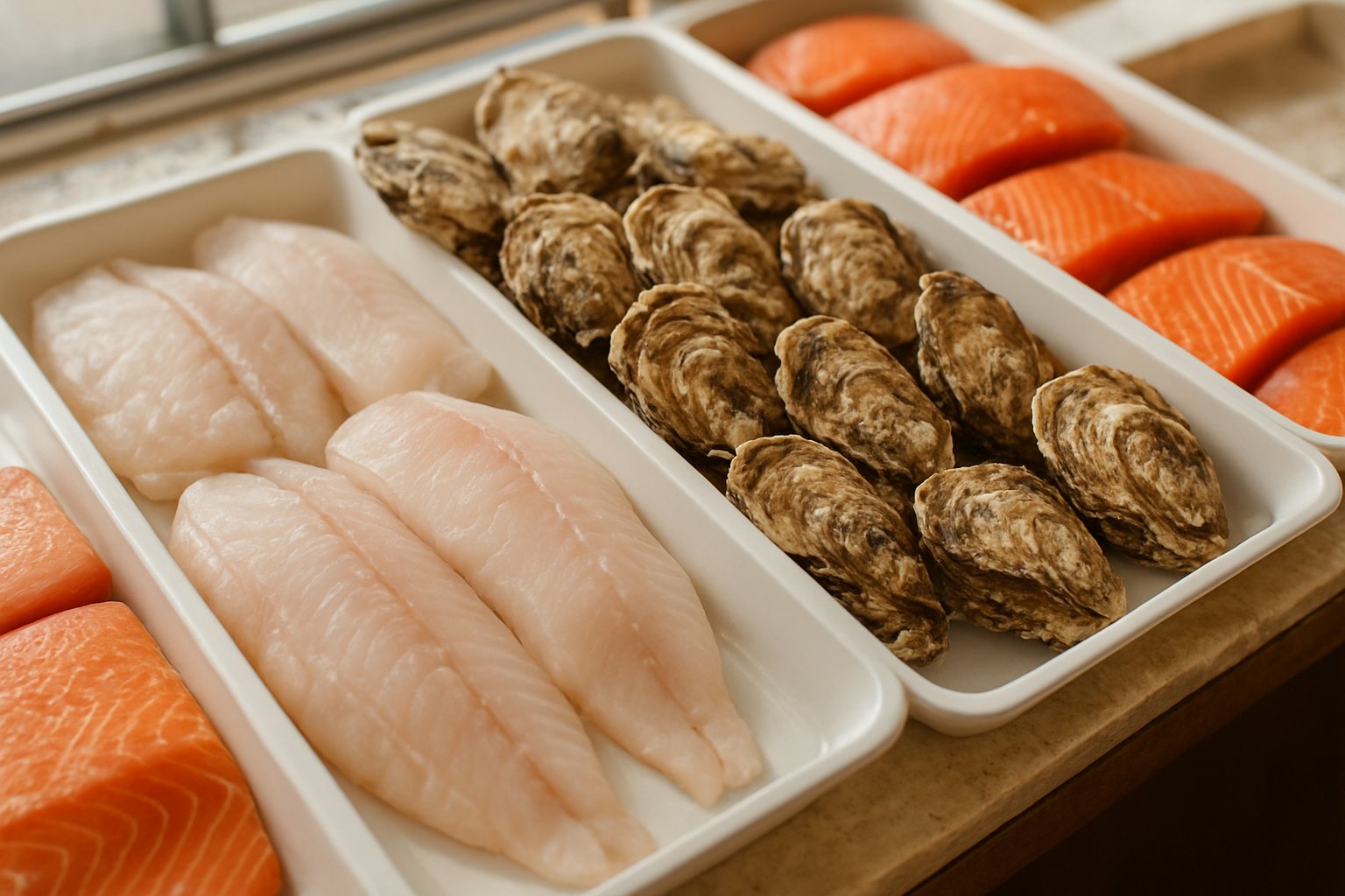 鍋用の白身切り身・殻付き牡蠣・ぶりの切り身が並ぶ初冬の鮮魚売り場を明るく撮ったライフスタイル風の写真