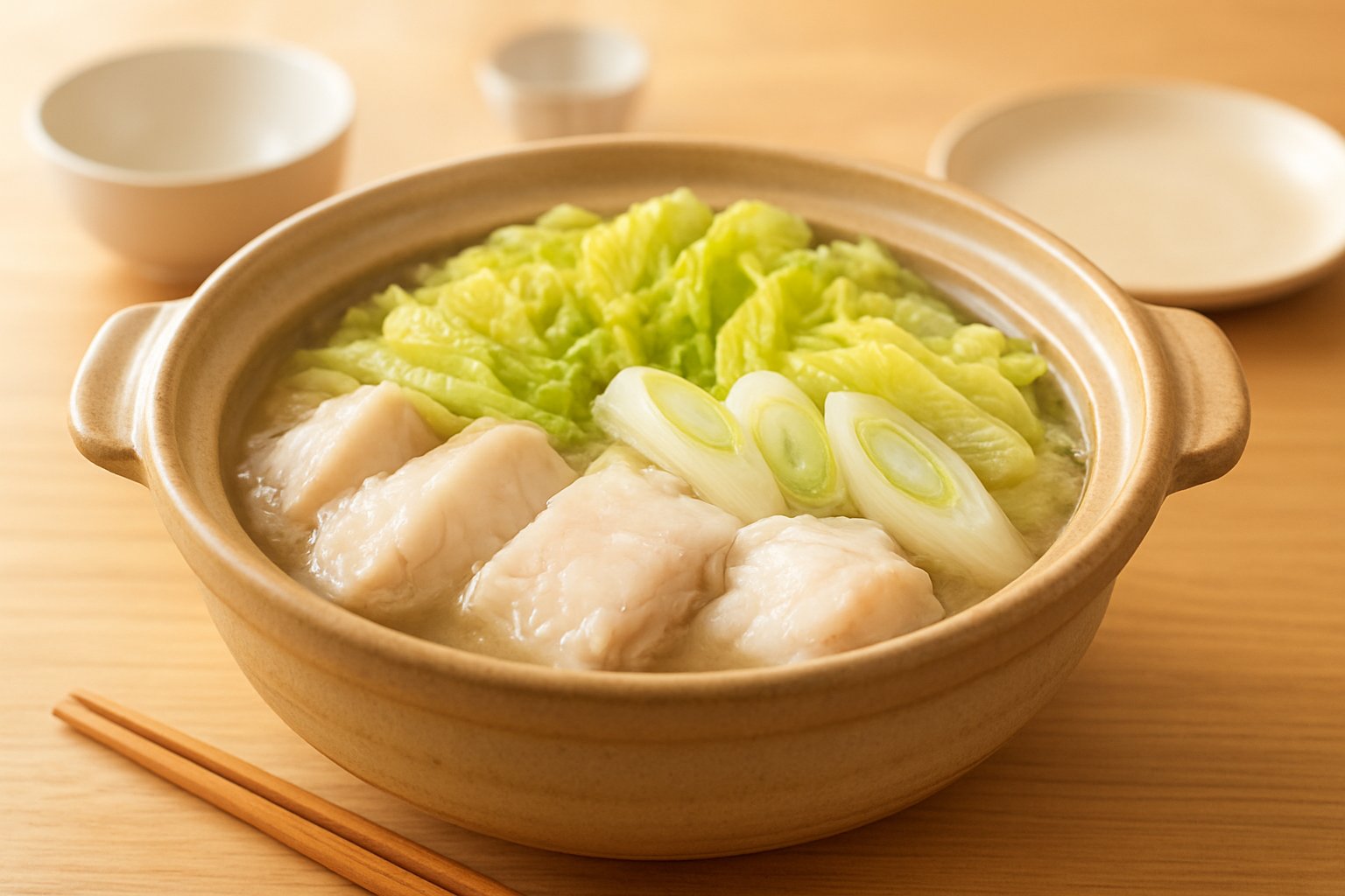 土鍋に白身魚・白菜・長ねぎが盛られたあたたかい鍋を明るい食卓で撮ったライフスタイル風の写真