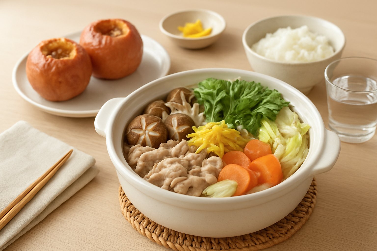 刻んだゆずの皮を添えた鍋物と、焼きりんごを並べた初冬の食卓を明るく撮ったライフスタイル風の写真