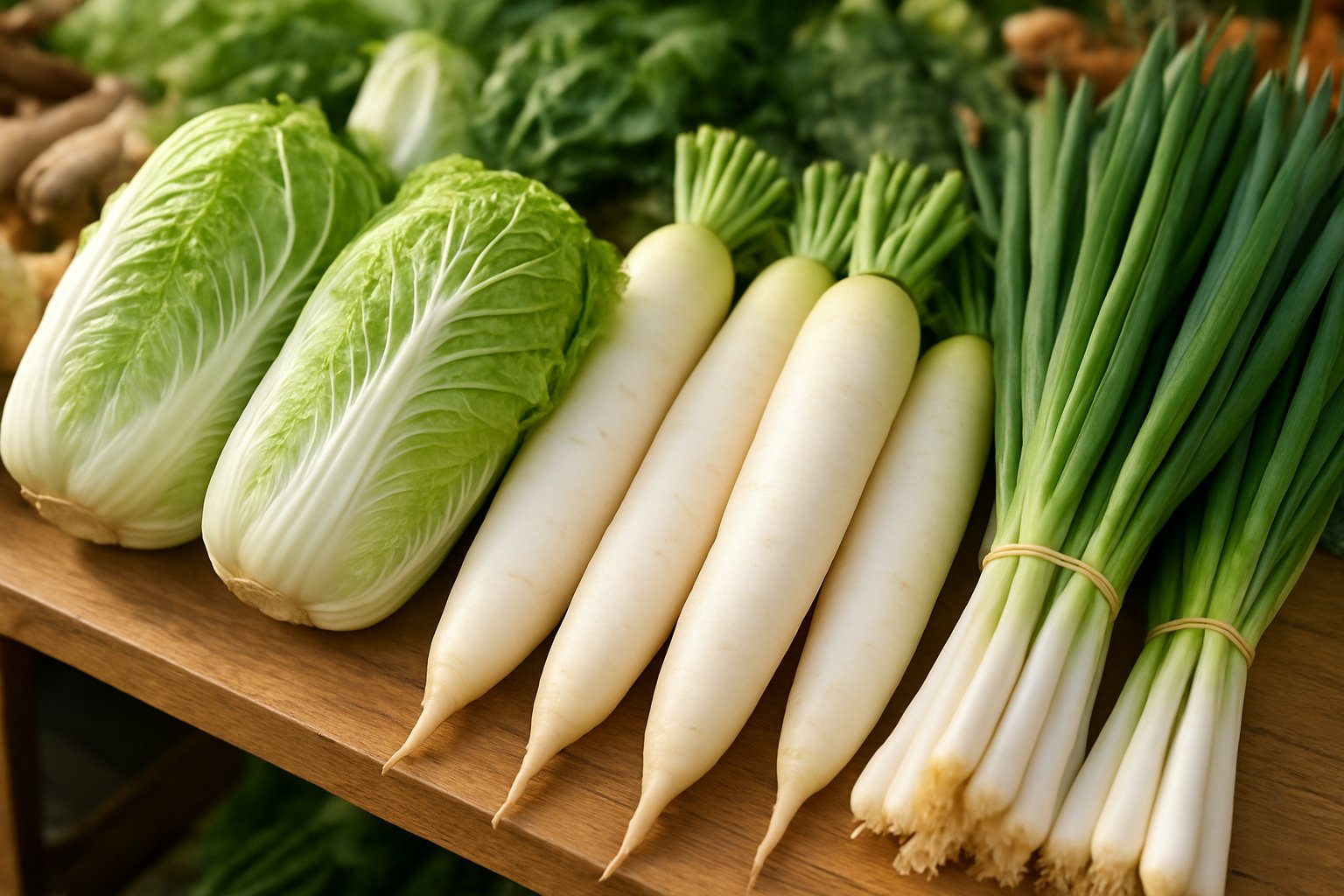 白菜・大根・長ねぎが並ぶ初冬の野菜売り場を明るく撮ったライフスタイル風の写真