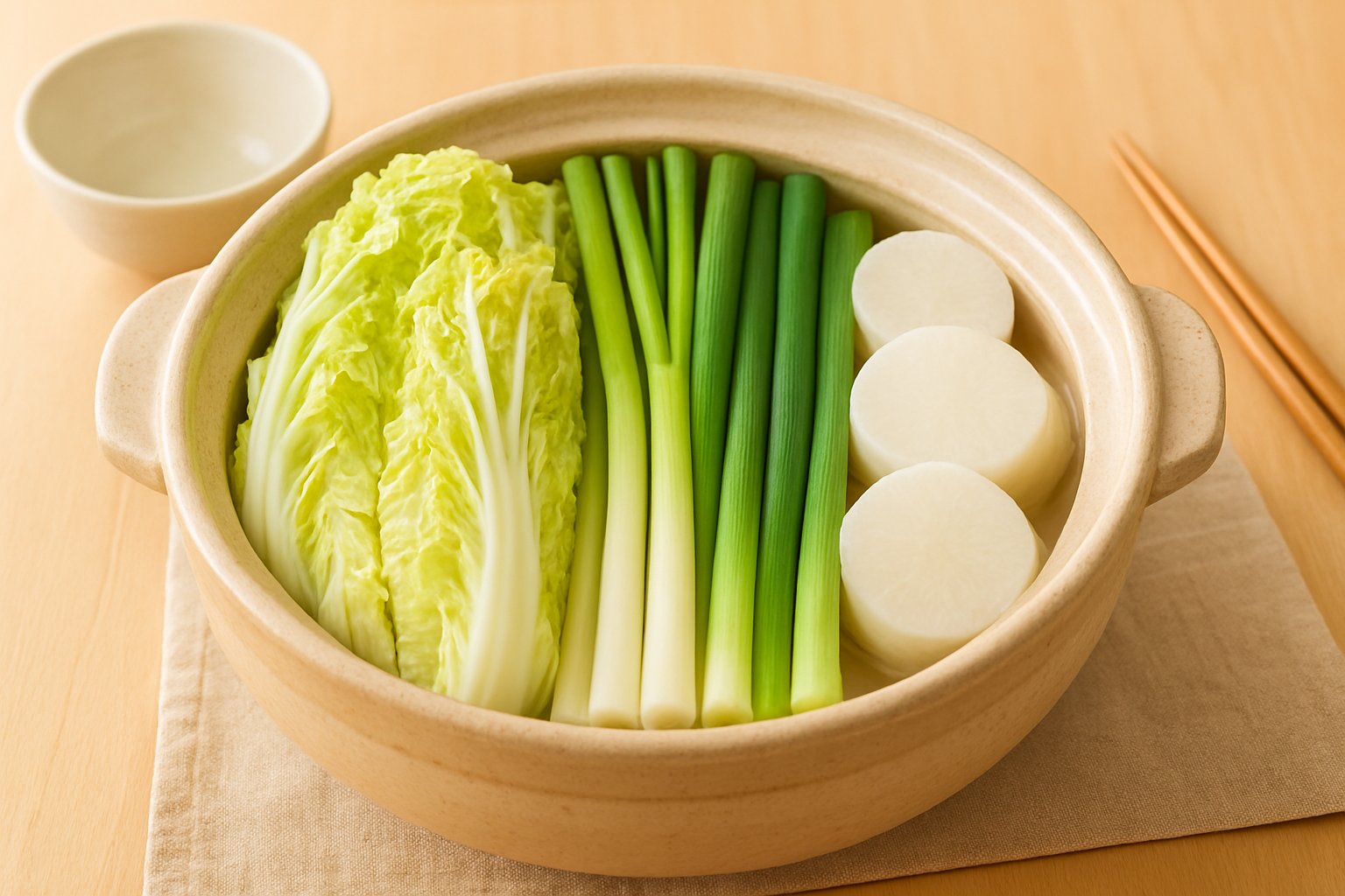 白菜・長ねぎ・大根を並べた土鍋の鍋料理を明るい食卓で撮った写真