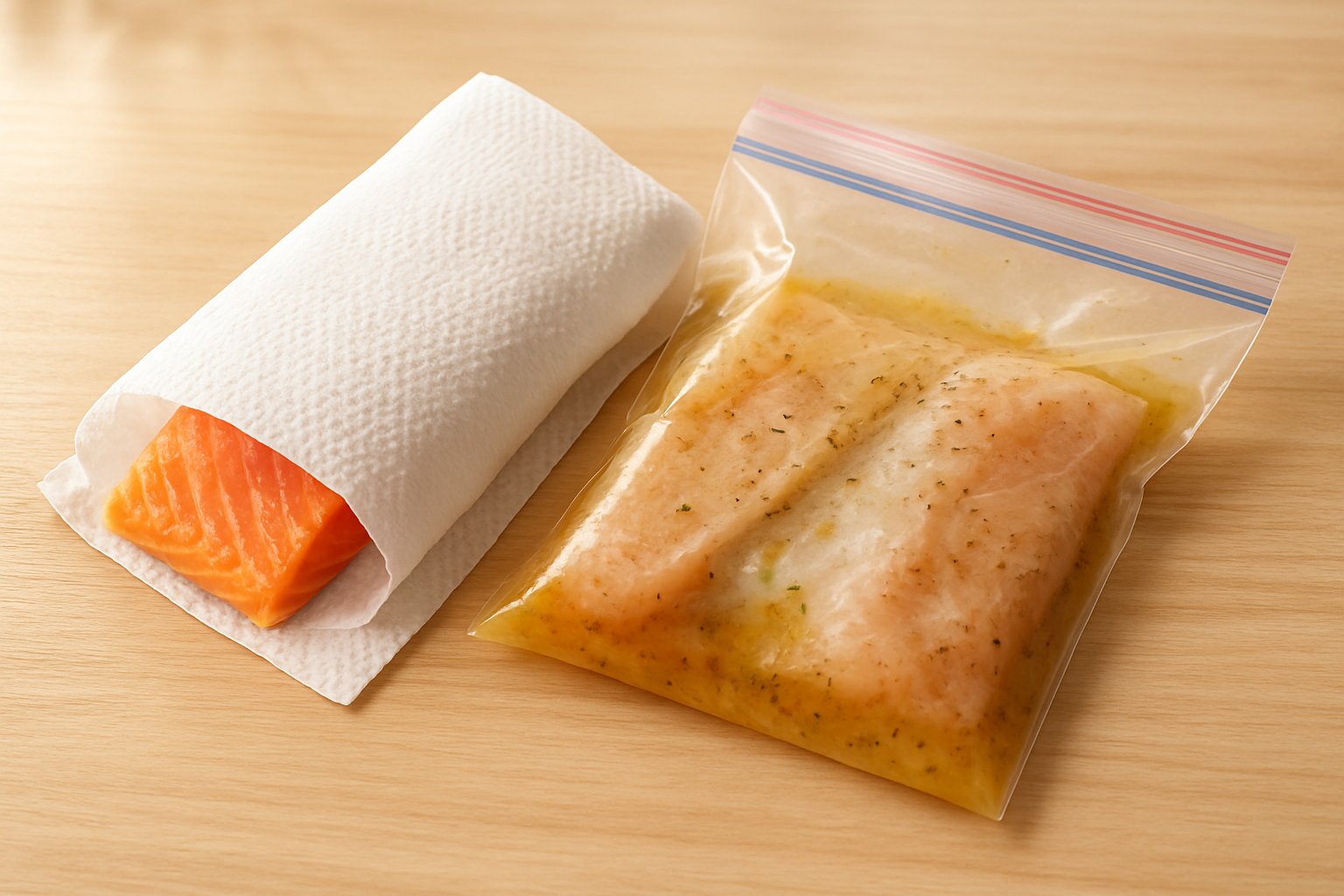 キッチンペーパーで包まれた魚の切り身と、下味冷凍用の保存袋が並ぶ様子