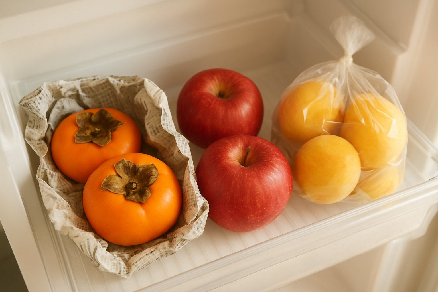 新聞紙に包まれた柿とりんご、ポリ袋に入った果物が冷蔵庫の野菜室に並ぶ様子