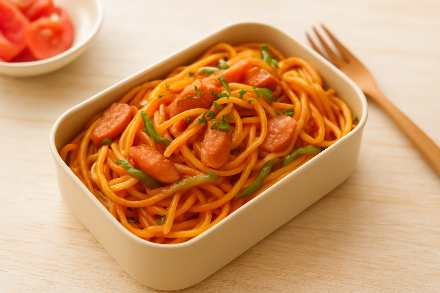 ショートパスタのナポリタンを詰めたお弁当箱を、明るいテーブルの上で斜め上から撮ったライフスタイル写真