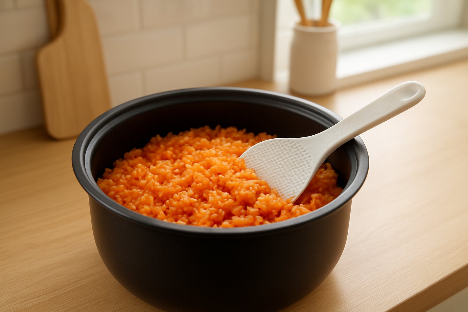炊飯器の内釜で炊き上がったオレンジ色のケチャップライスに、しゃもじを入れている明るいキッチンの写真
