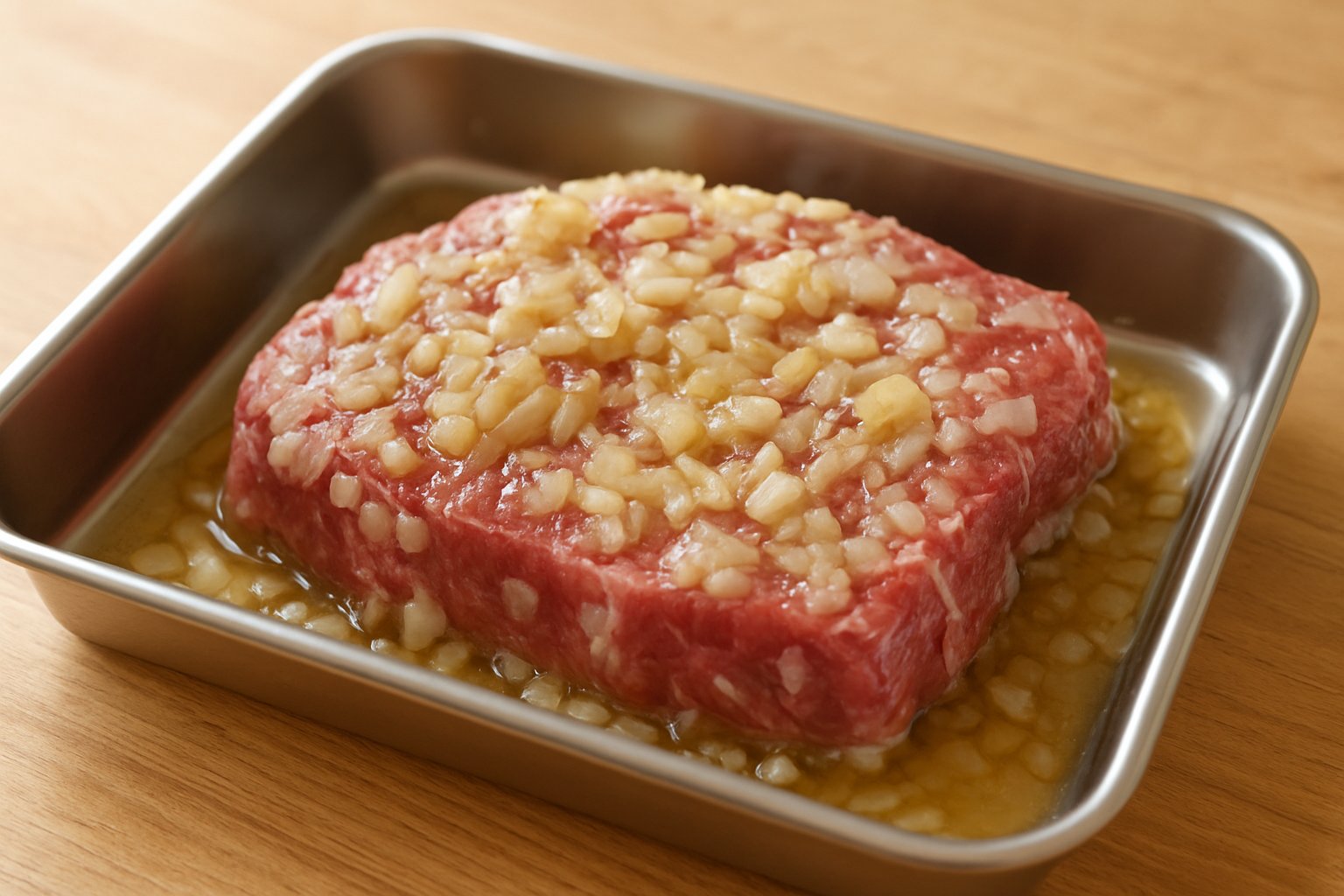 みじん切りの玉ねぎに漬け込んだステーキ肉をバットに入れたイメージ写真