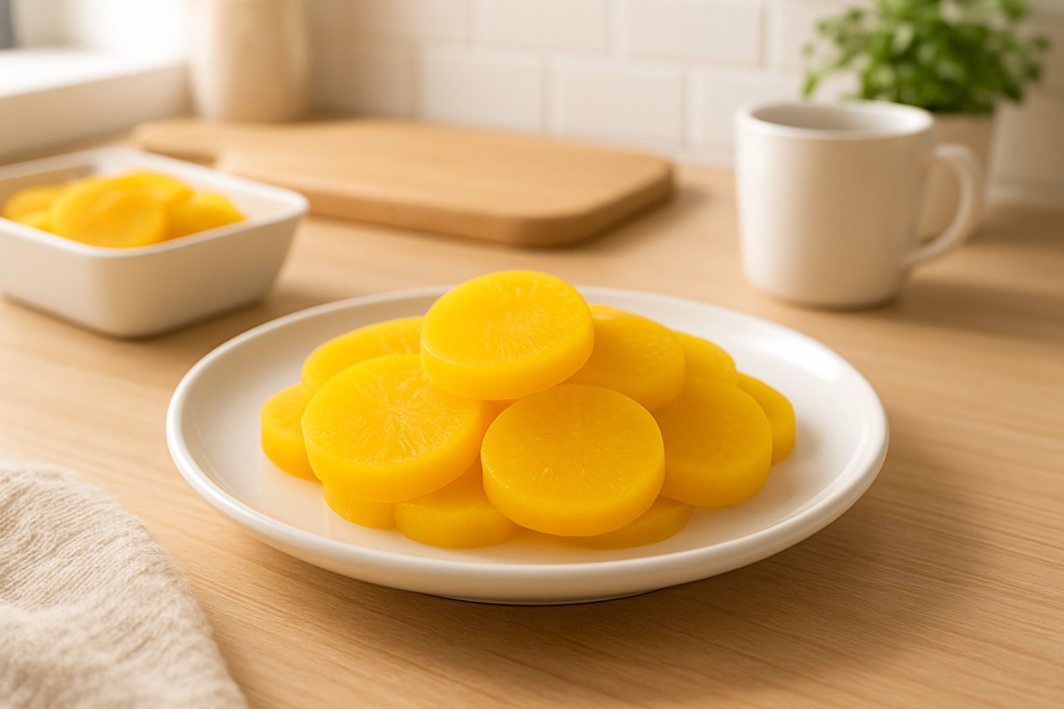 明るいキッチンで、輪切りにした黄色いたくあんを白い小皿に盛りつけた清潔感のあるイメージ写真
