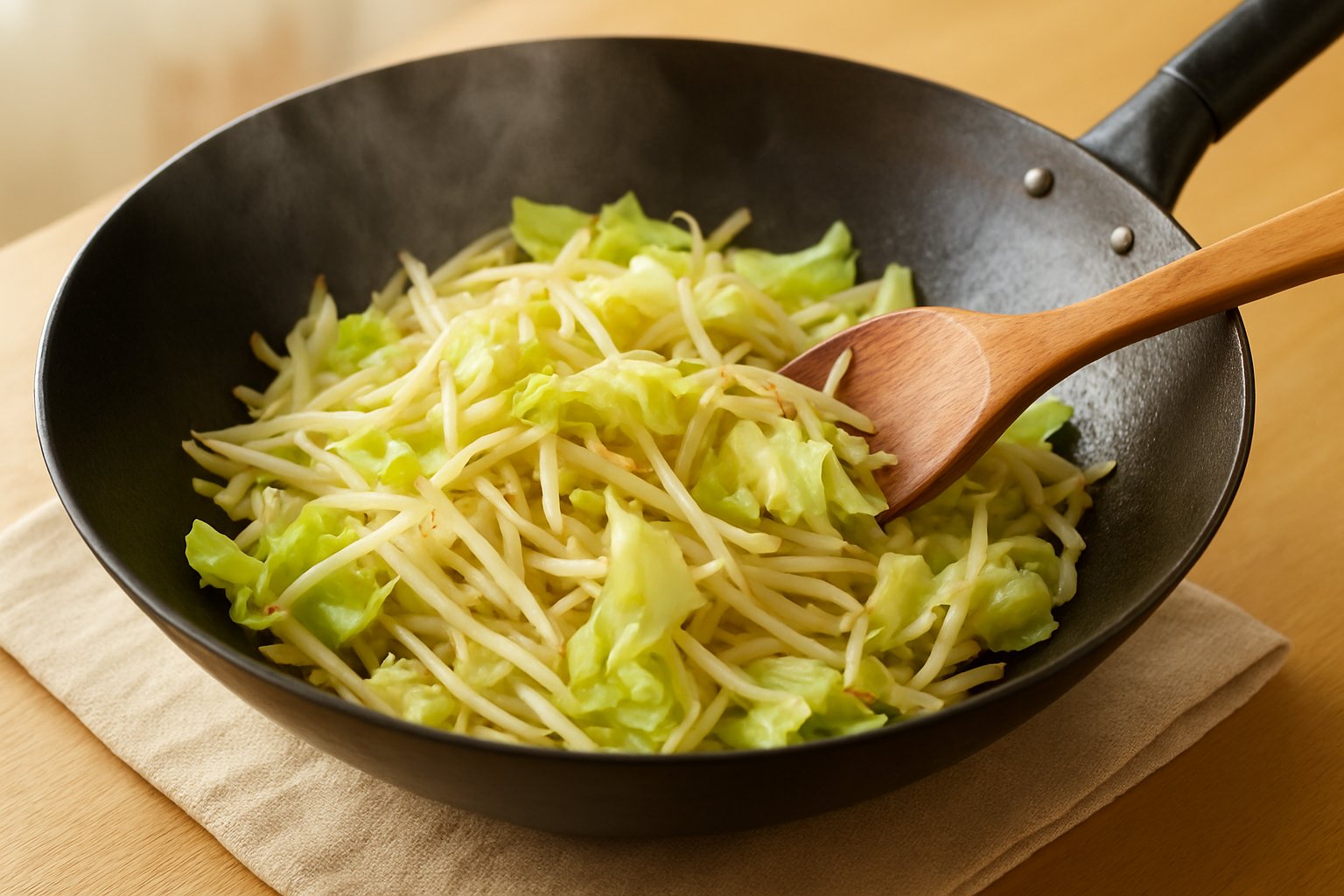 中華鍋でもやしとキャベツを炒めているイメージ