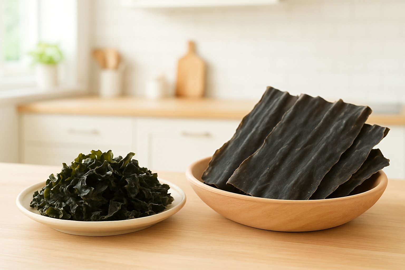 乾燥わかめと乾燥昆布を並べて比べた明るいキッチンの写真