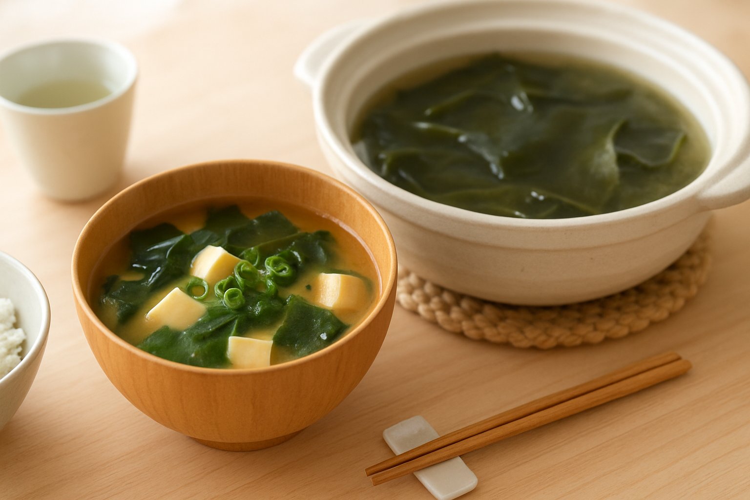 わかめの味噌汁と昆布だしの鍋を並べた明るい食卓の写真