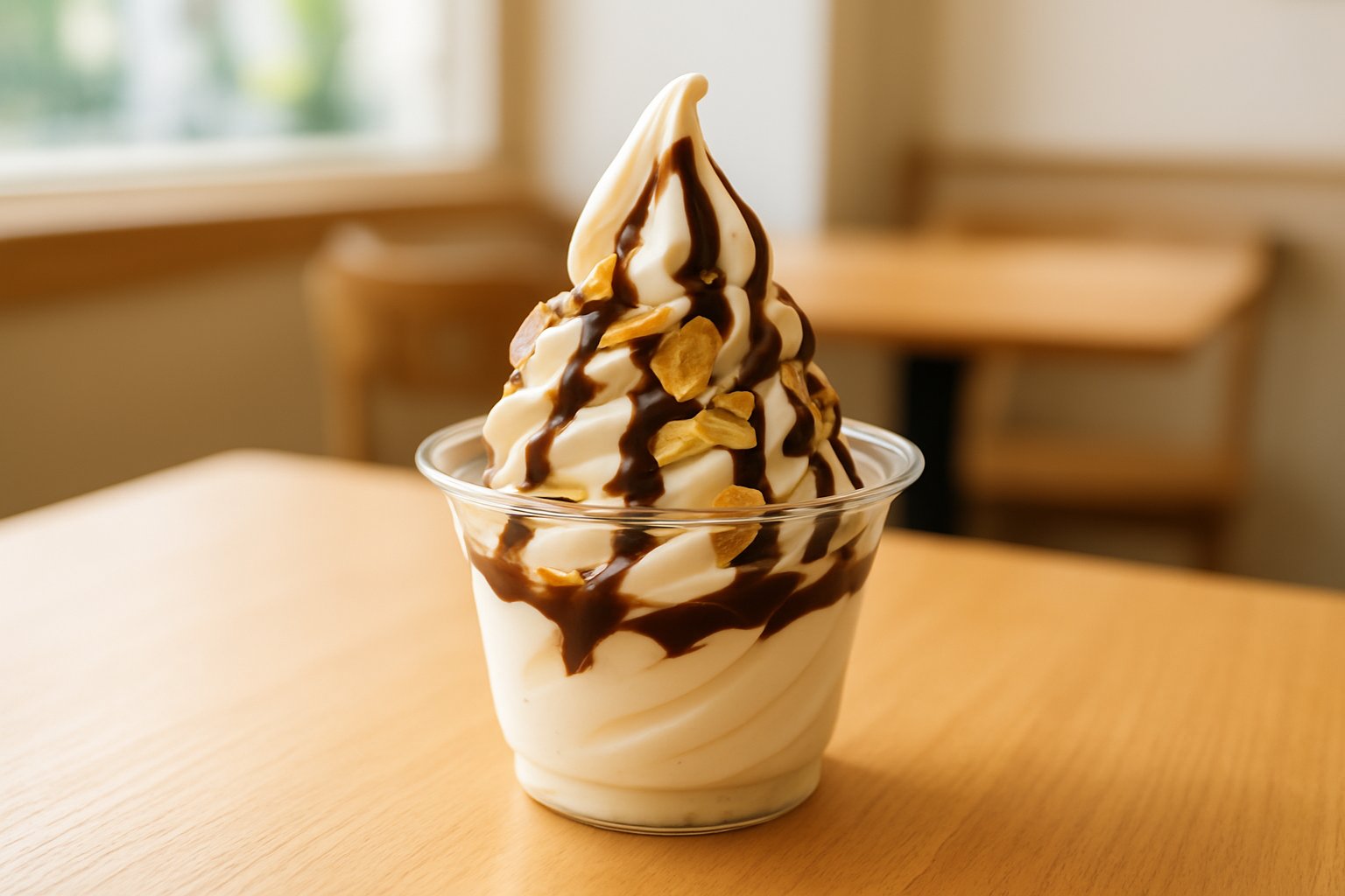 明るいカフェのテーブルに置かれた、チョコソースとアーモンドがかかったソフトクリームのカップを写した写真
