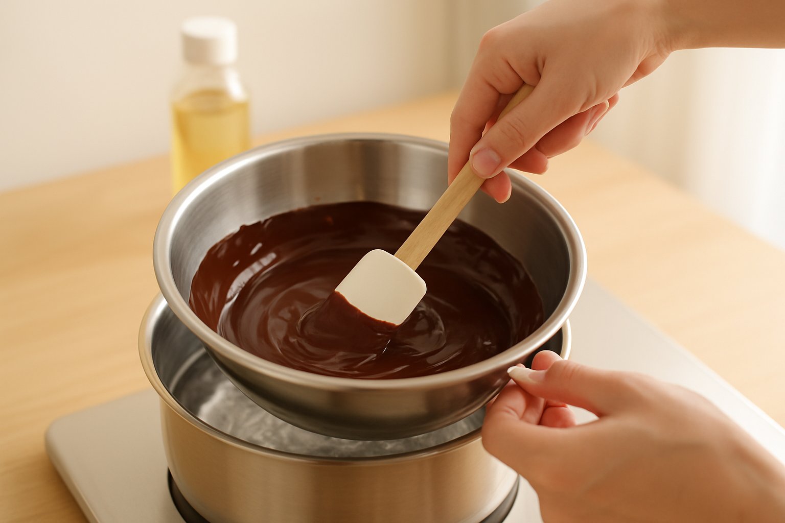 湯煎で溶かしたチョコレートにサラダ油を加えてゴムベラで混ぜている手元を明るく撮ったライフスタイル風の写真