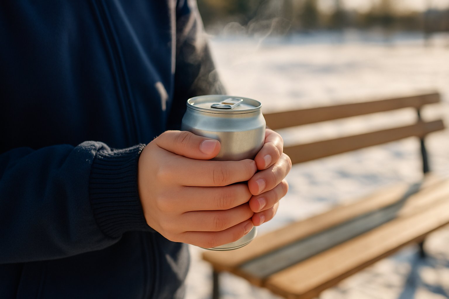 冬のグラウンドのベンチで、湯気の立つ缶入りのホット飲料を両手で包む部活の学生の手元(明るめのライフスタイル写真風)