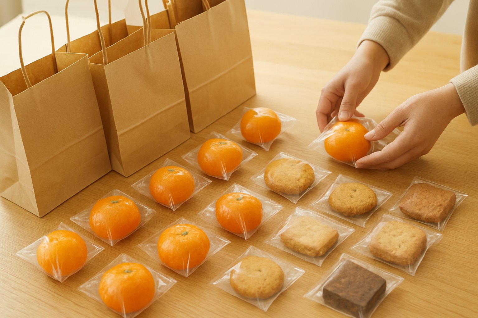 紙袋に人数分に小分けしたみかんと、個包装の焼き菓子を並べた差し入れの準備風景(明るめのライフスタイル写真風)