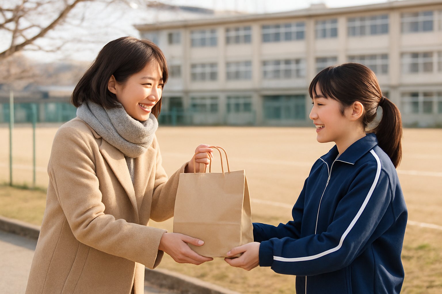 冬の夕方、学校のグラウンド脇で保護者が紙袋の差し入れをマネージャーに手渡している様子(明るめのライフスタイル写真風)
