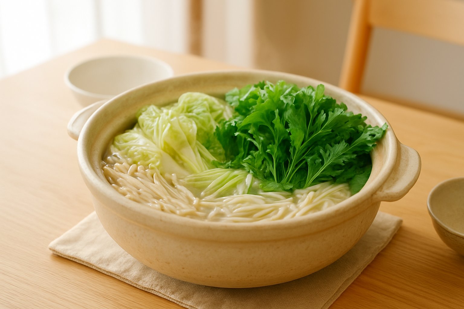 白菜・春菊・水菜を盛り込んだ土鍋の鍋料理を冬の明るい食卓で撮ったライフスタイル写真