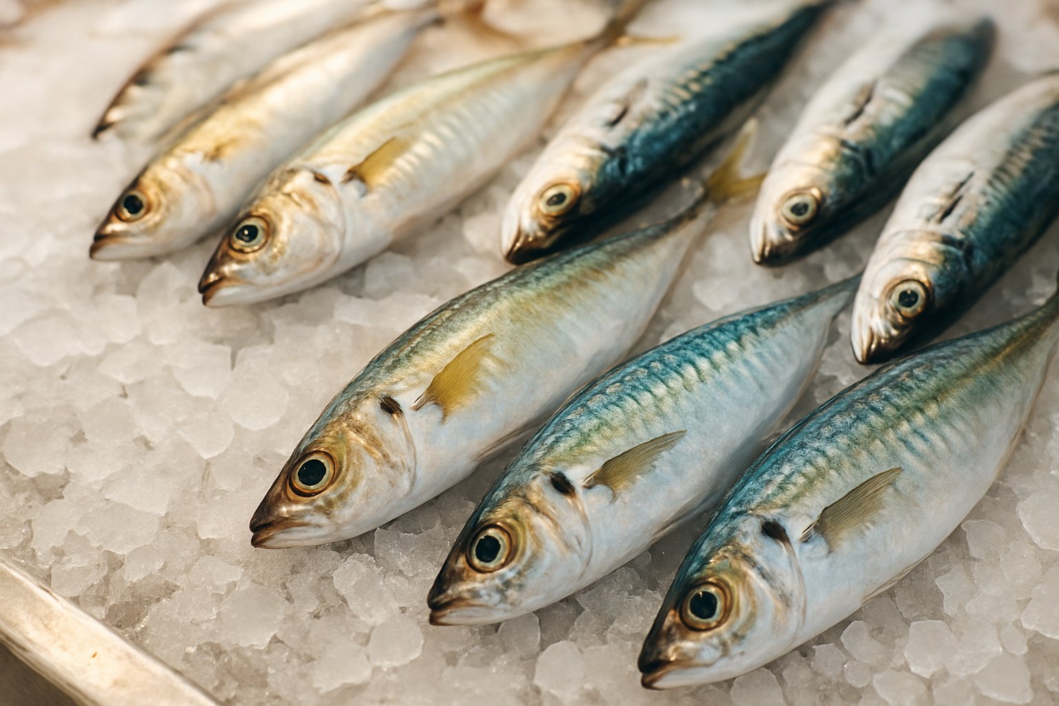鮮魚売り場の氷の上に並ぶ数種類のアジ(明るめのライフスタイル写真風)