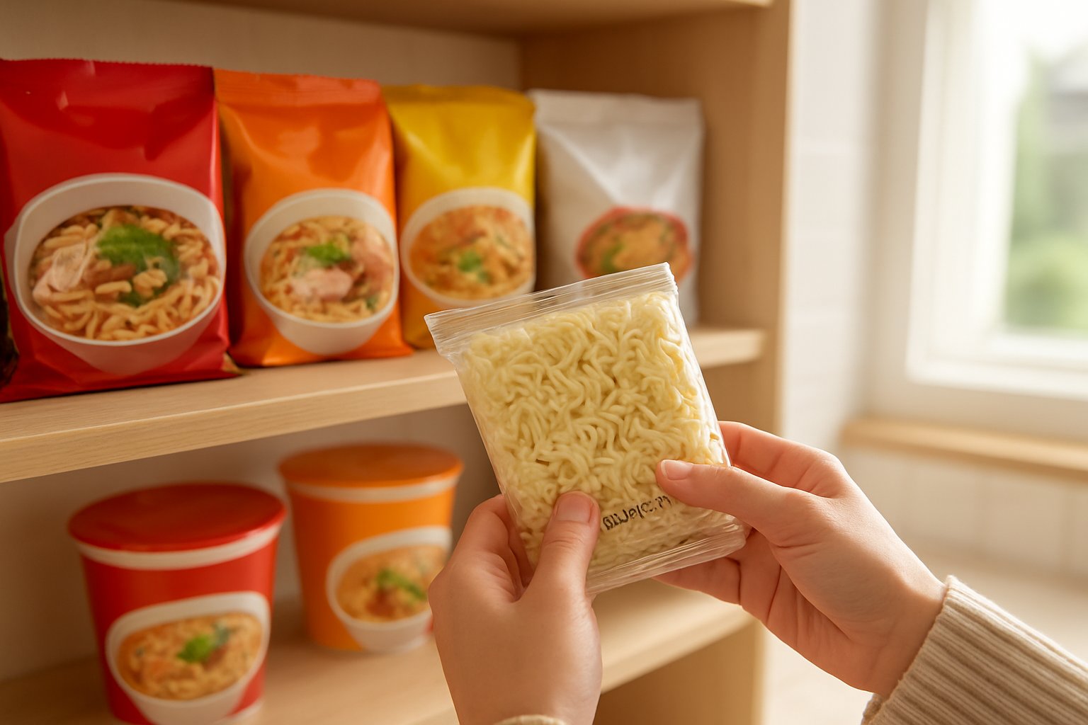 食品棚に並んだ袋麺とカップ麺のストック。明るいキッチンで賞味期限の印字を確認している手元
